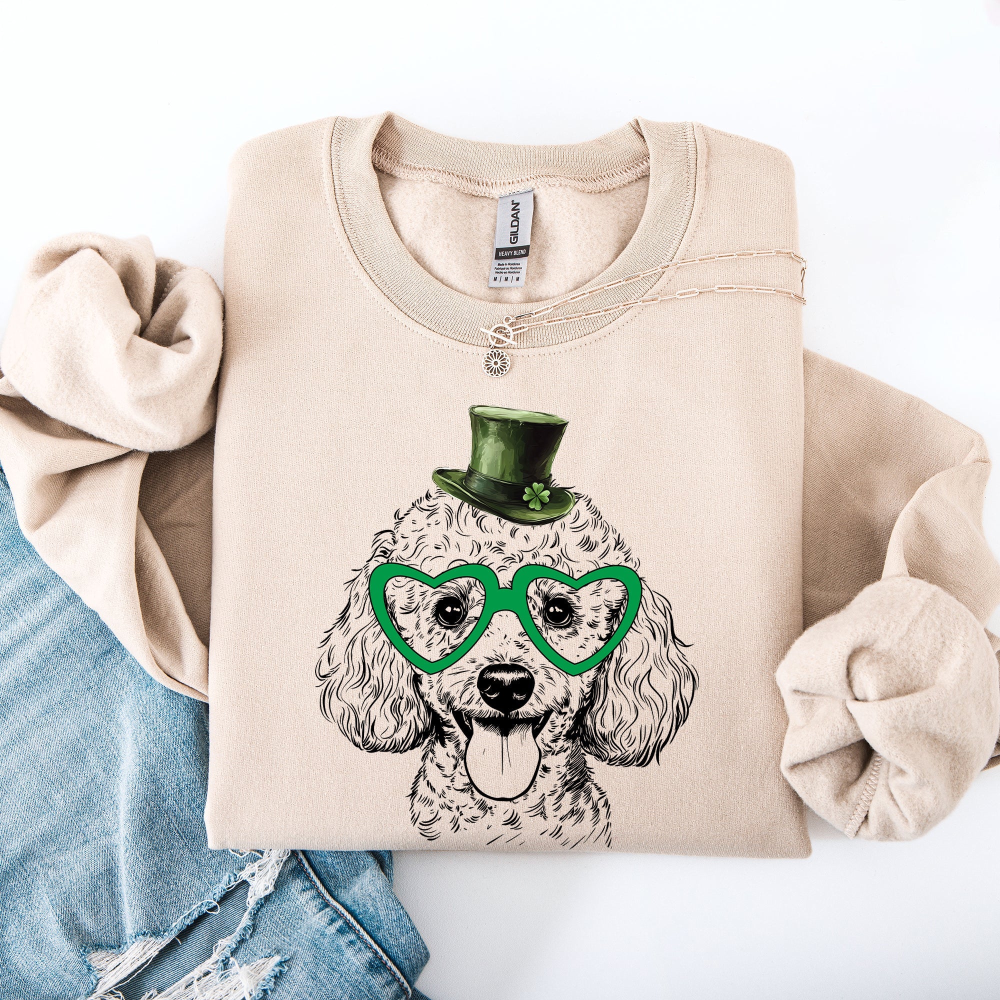 Poodle Adorable Dog St Patrick's Day Lucky Irish Whimsical Shamrock Print Sweatshirt