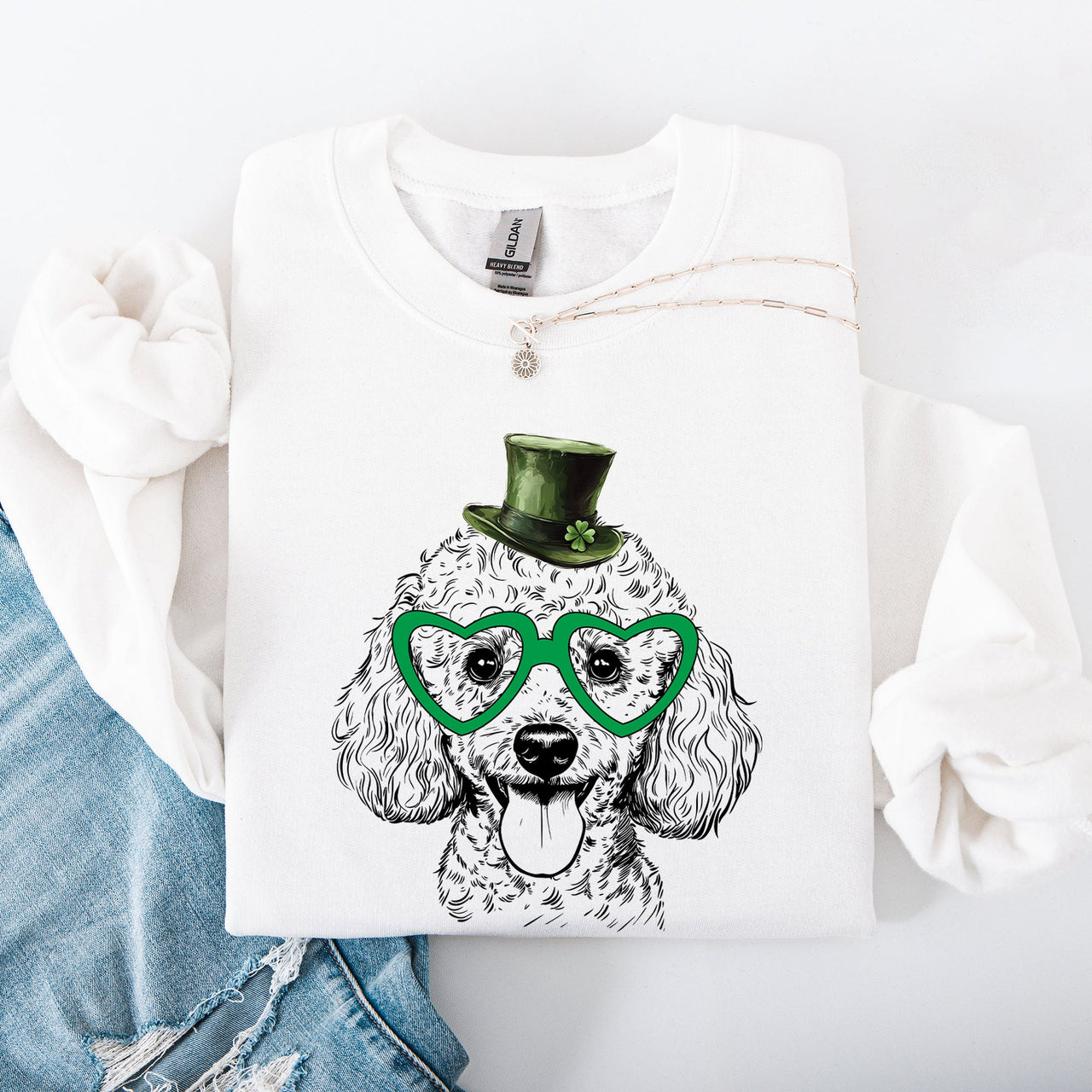 Poodle Adorable Dog St Patrick's Day Lucky Irish Whimsical Shamrock Print Sweatshirt
