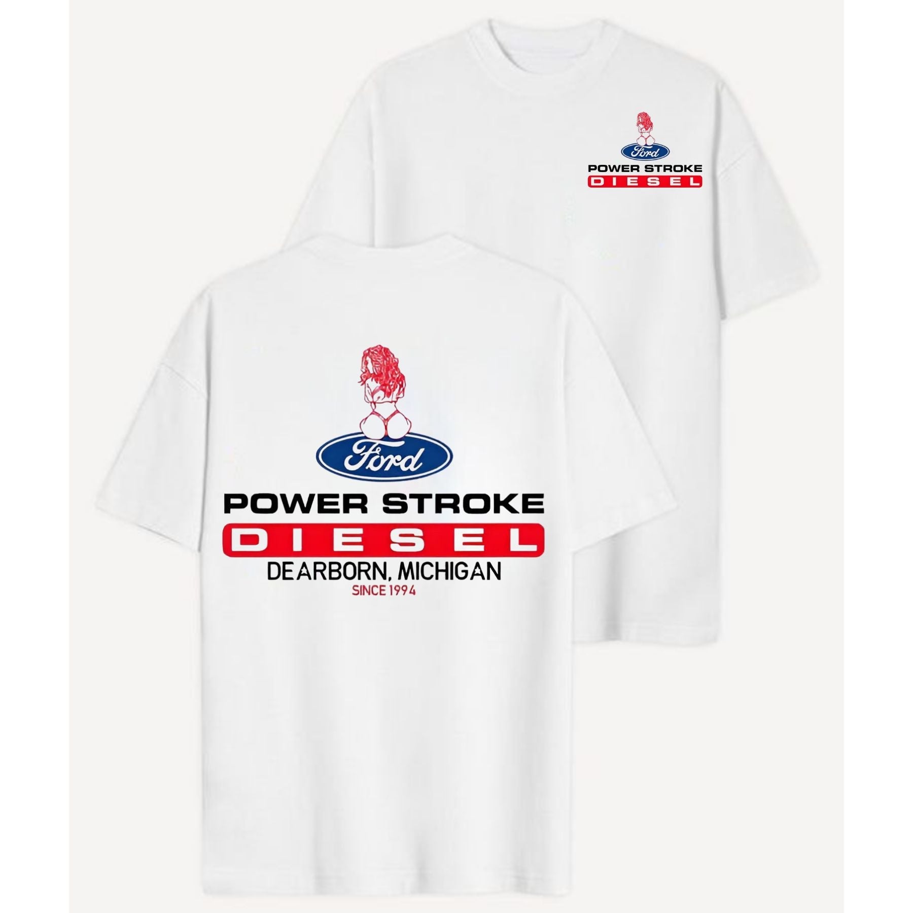 Power Stroke Logo T-Shirt with Lady Graphic - 2-Sided Tee for Truck & Car Enthusiasts, Unisex Style
