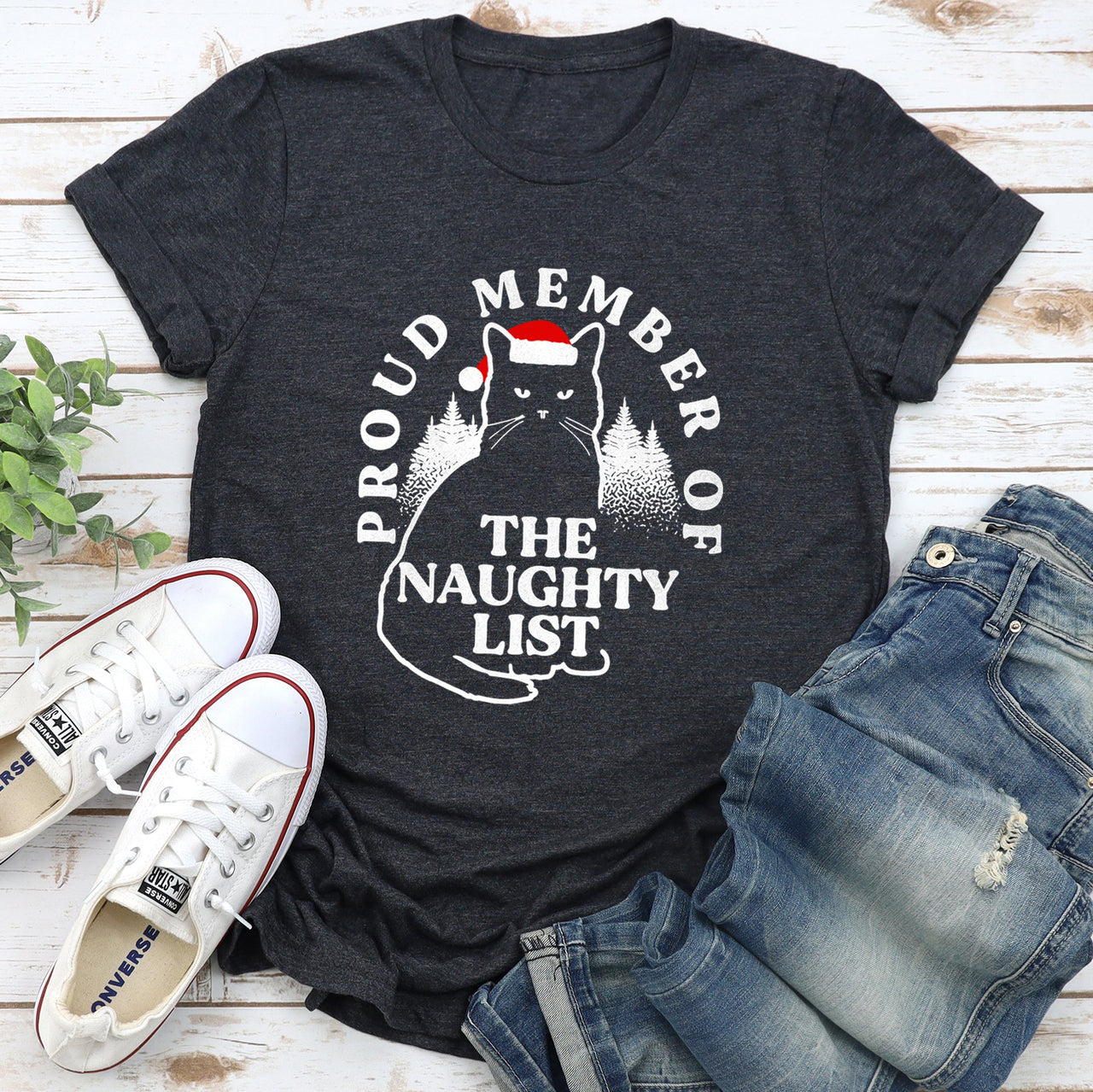 Proud Member Of The Naughty List Cat Christmas Santa Claus Illustration Graphic Tee
