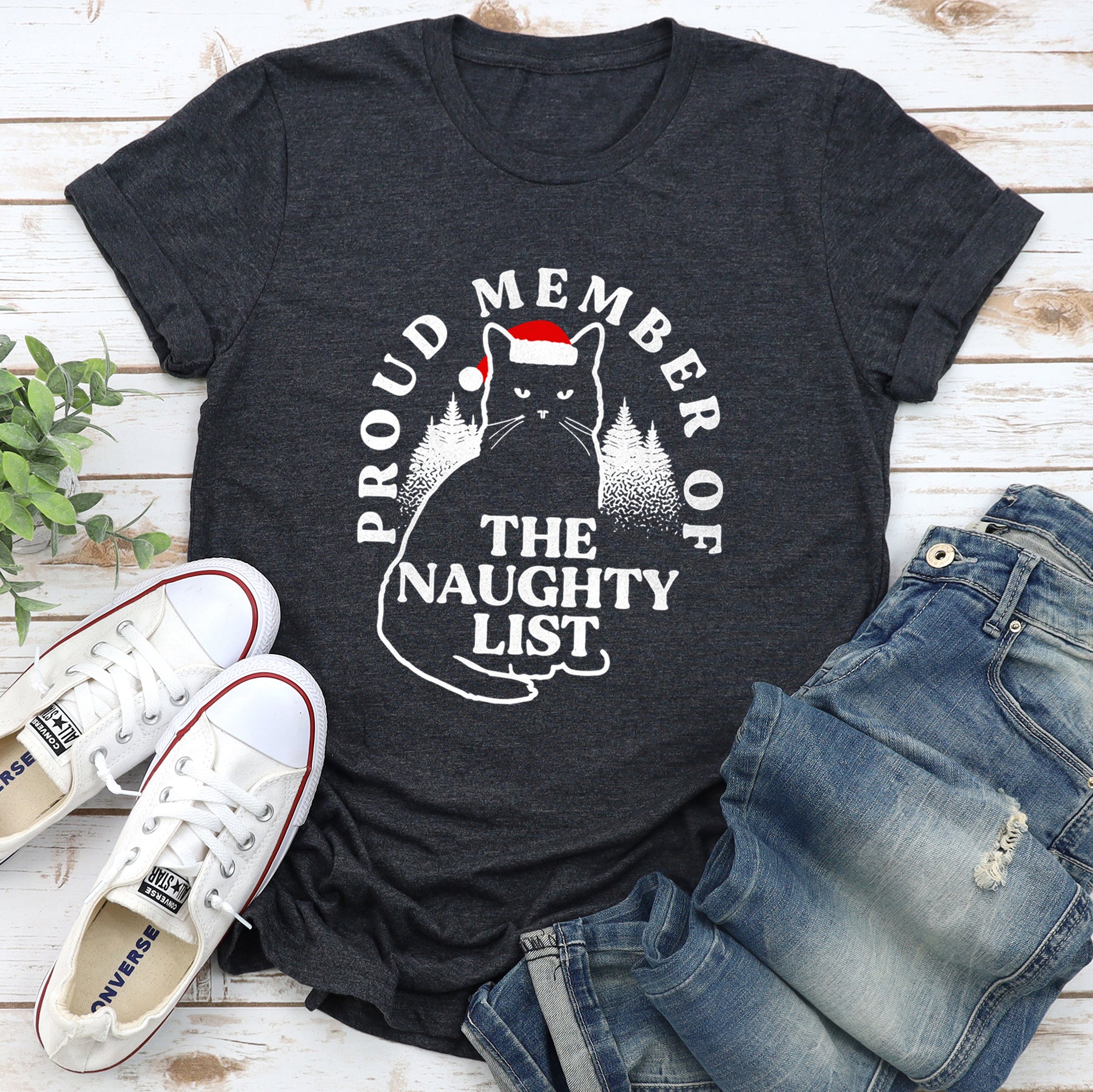 Proud Member Of The Naughty List Cat Christmas Santa Claus Illustration Graphic Tee