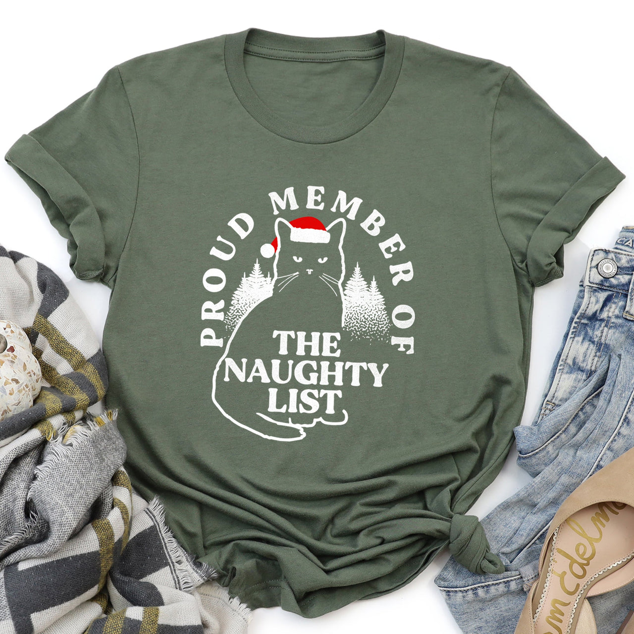 Proud Member Of The Naughty List Cat Christmas Santa Claus Illustration Graphic Tee