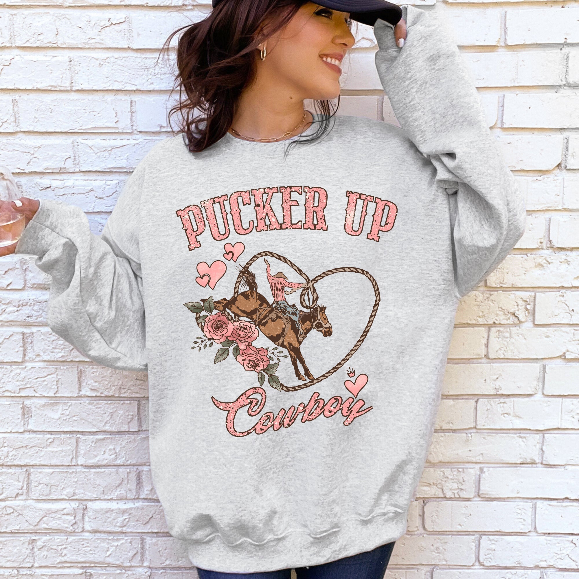 Pucker Up Cowboy Valentine's Western Rodeo Heart Love Buckaroo Romance Graphic Sweatshirt