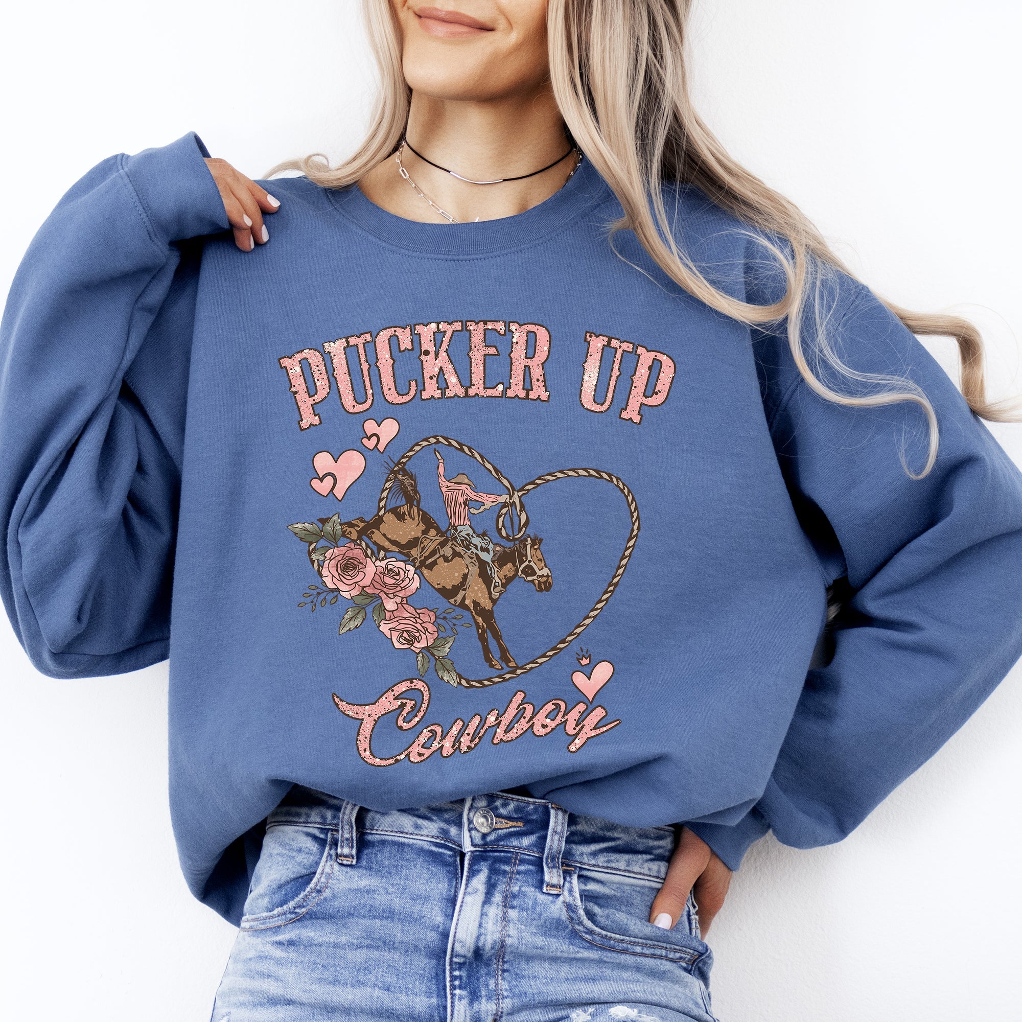 Pucker Up Cowboy Valentine's Western Rodeo Heart Love Buckaroo Romance Graphic Sweatshirt