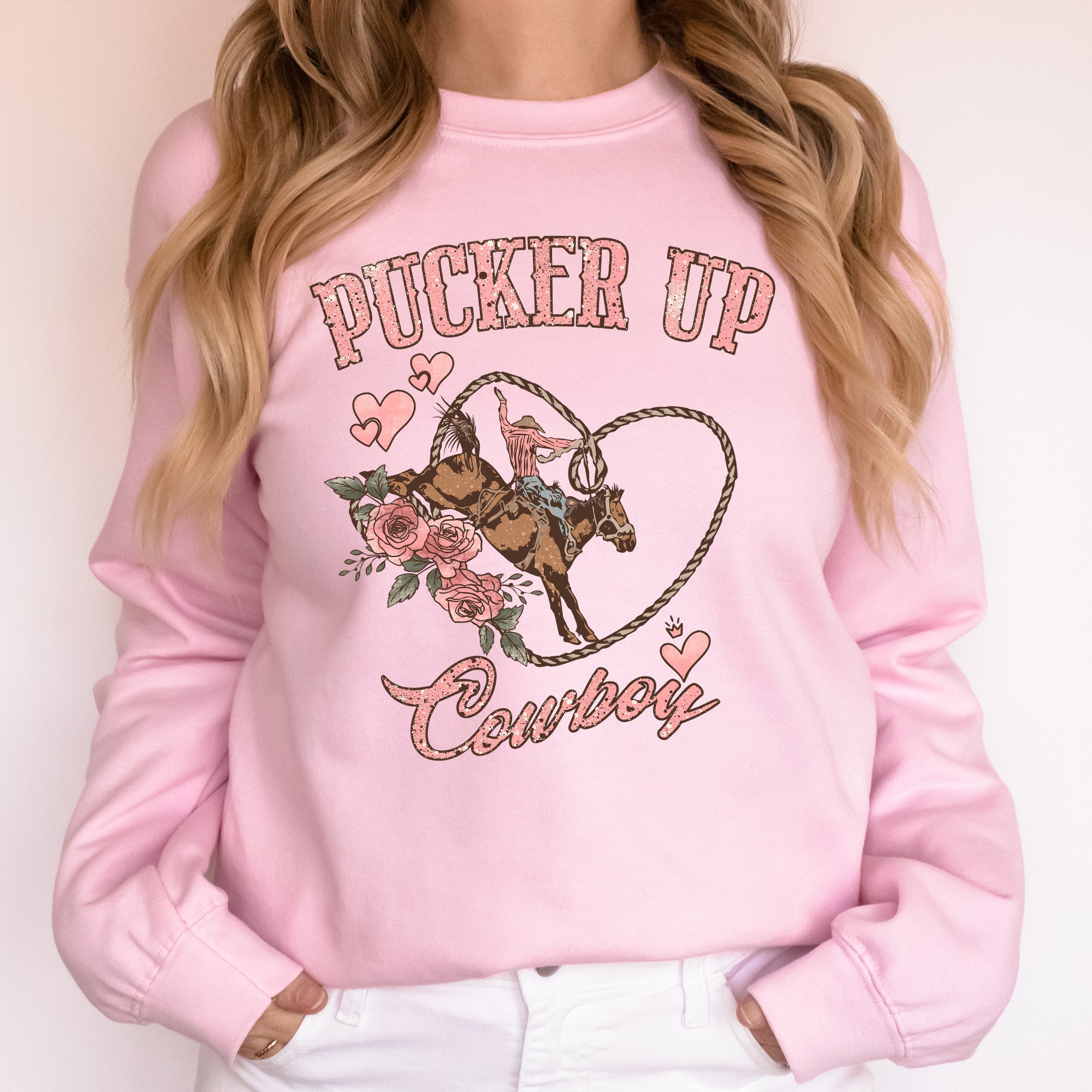 Pucker Up Cowboy Valentine's Western Rodeo Heart Love Buckaroo Romance Graphic Sweatshirt