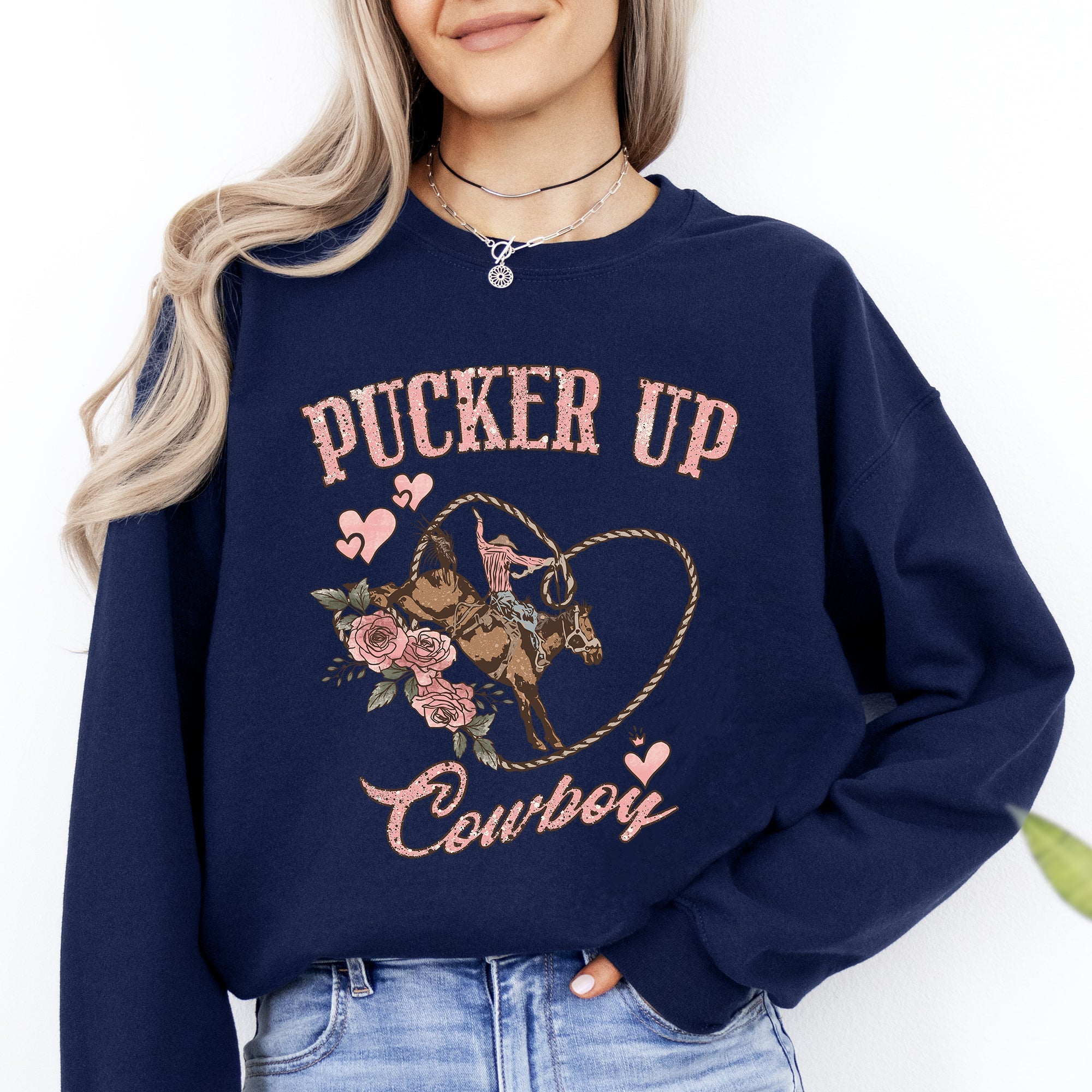 Pucker Up Cowboy Valentine's Western Rodeo Heart Love Buckaroo Romance Graphic Sweatshirt