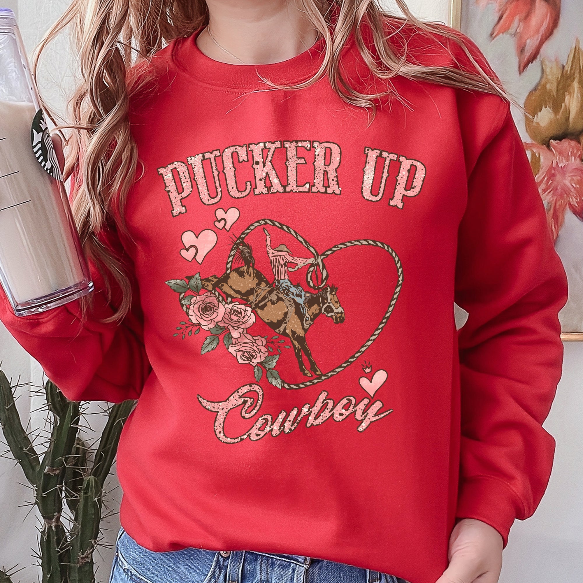 Pucker Up Cowboy Valentine's Western Rodeo Heart Love Buckaroo Romance Graphic Sweatshirt