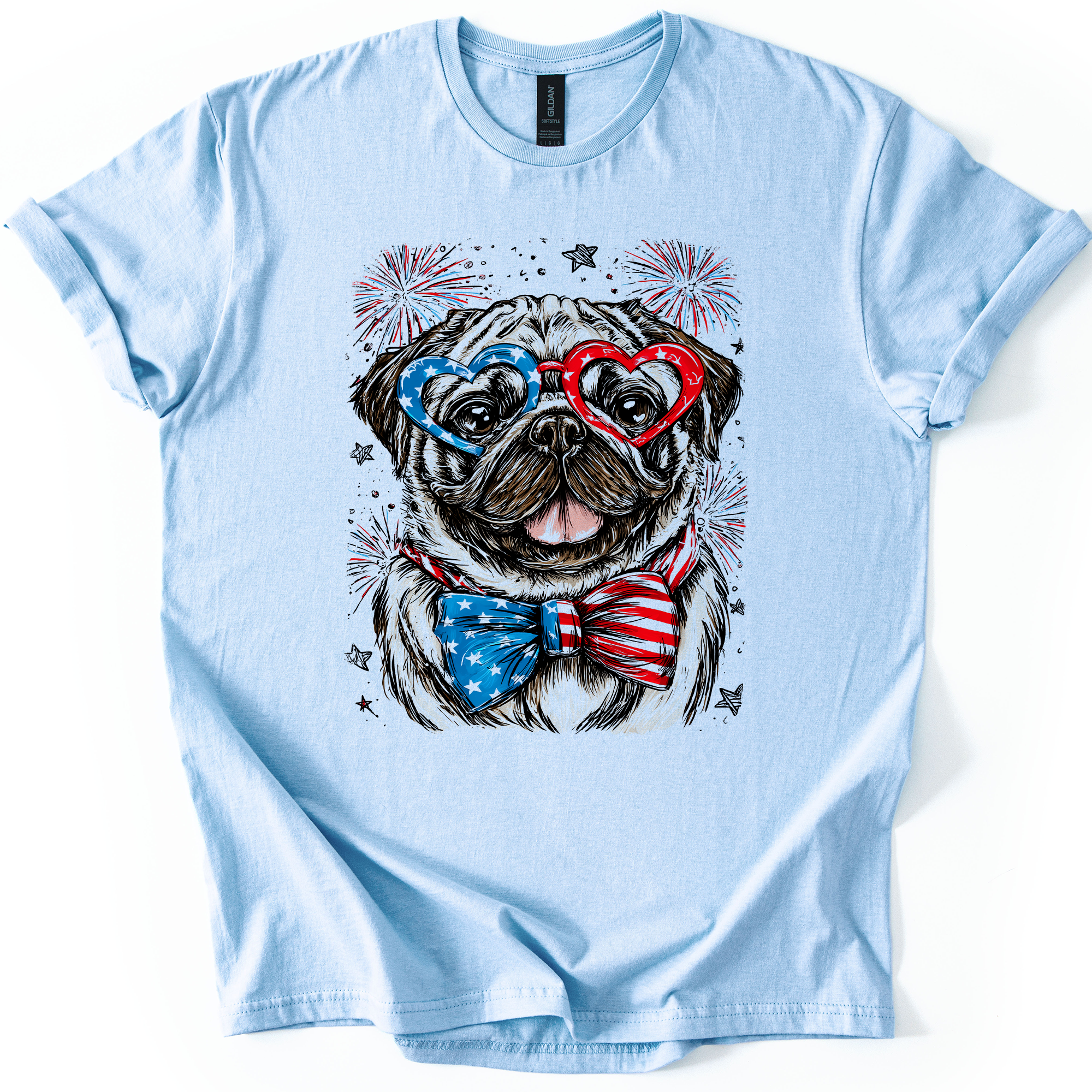 Pug Patriotic Dog USA Fourth Of July Pet Lover Soft Style All American Pup Graphic Tee