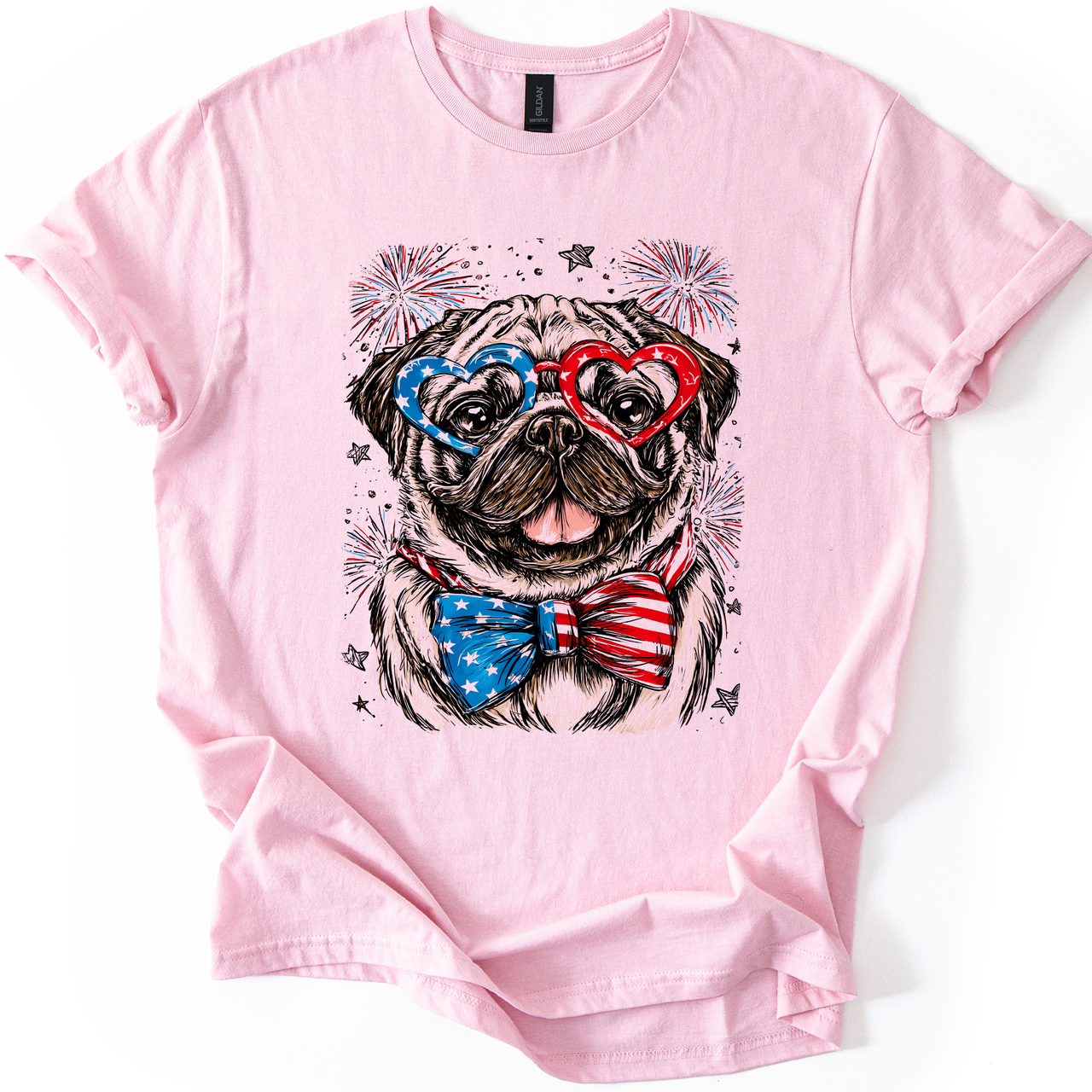 Pug Patriotic Dog USA Fourth Of July Pet Lover Soft Style All American Pup Graphic Tee