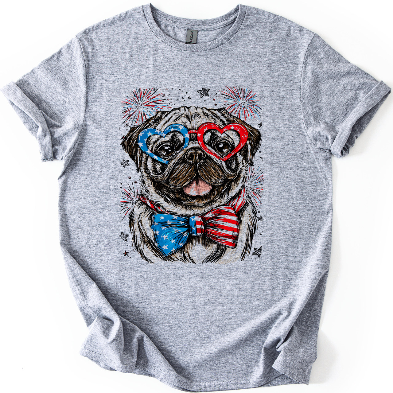 Pug Patriotic Dog USA Fourth Of July Pet Lover Soft Style All American Pup Graphic Tee