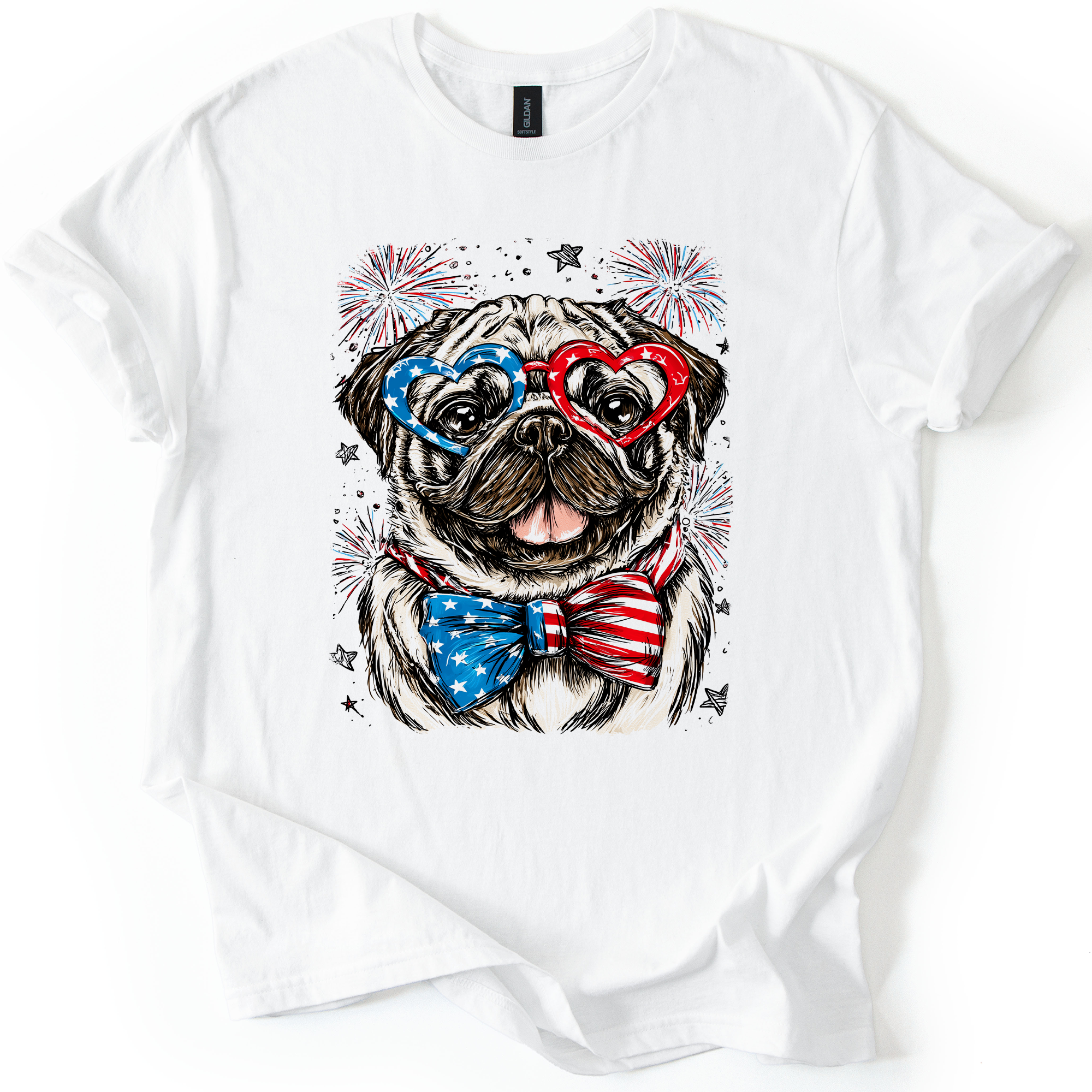Pug Patriotic Dog USA Fourth Of July Pet Lover Soft Style All American Pup Graphic Tee