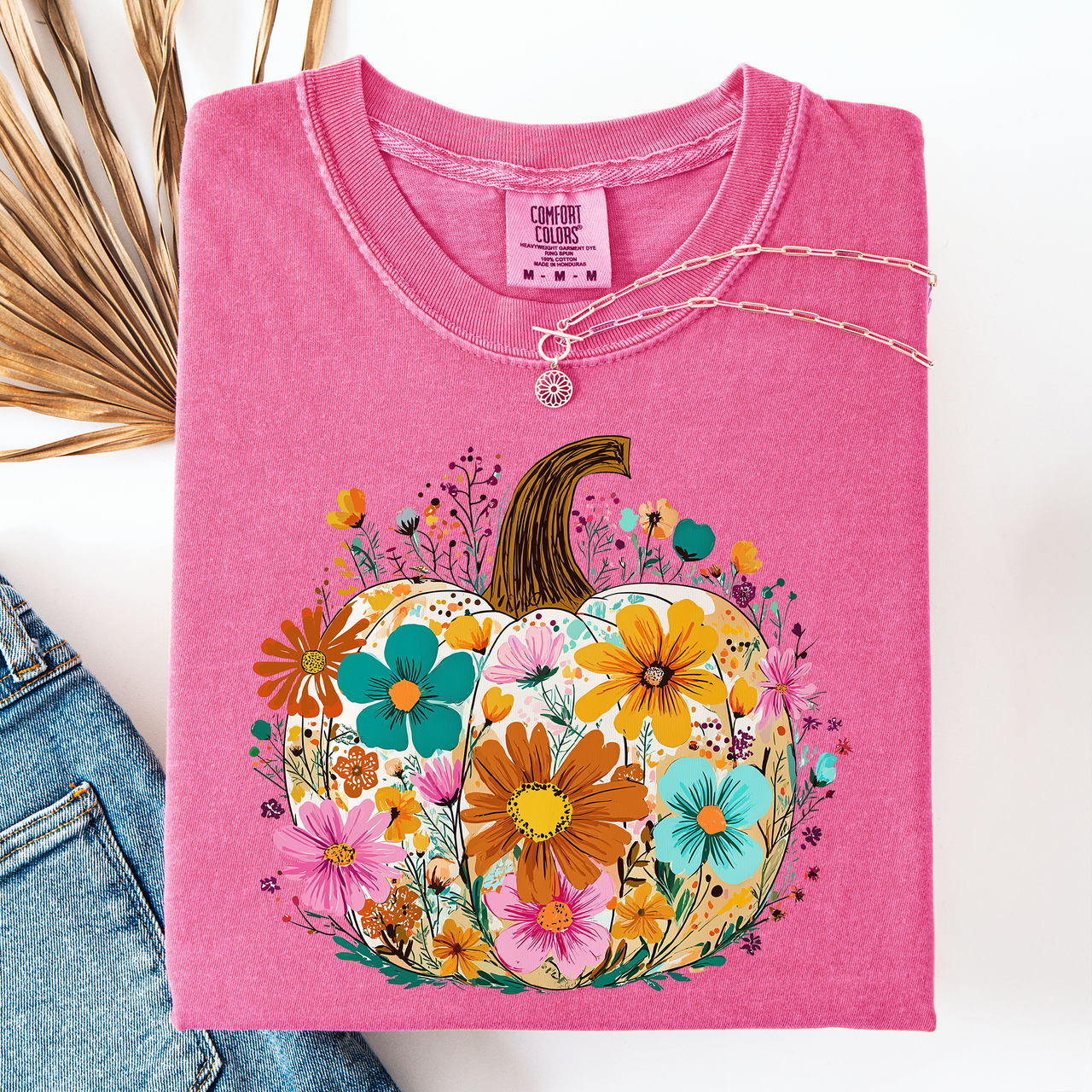 Pumpkin Floral Watercolor Leopard Print Pumpkins Bouquet Halloween Fall Comfort Colors Tee