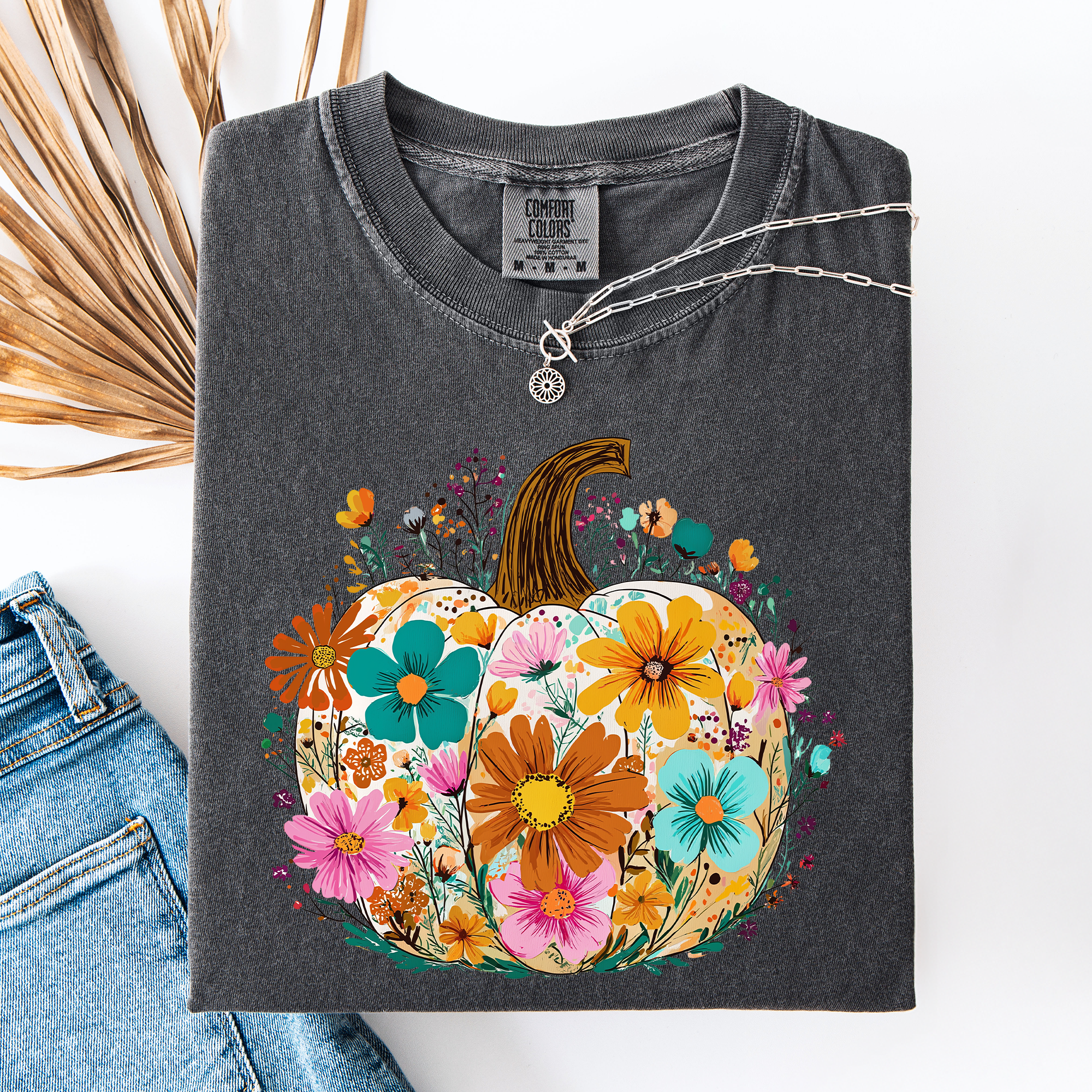 Pumpkin Floral Watercolor Leopard Print Pumpkins Bouquet Halloween Fall Comfort Colors Tee