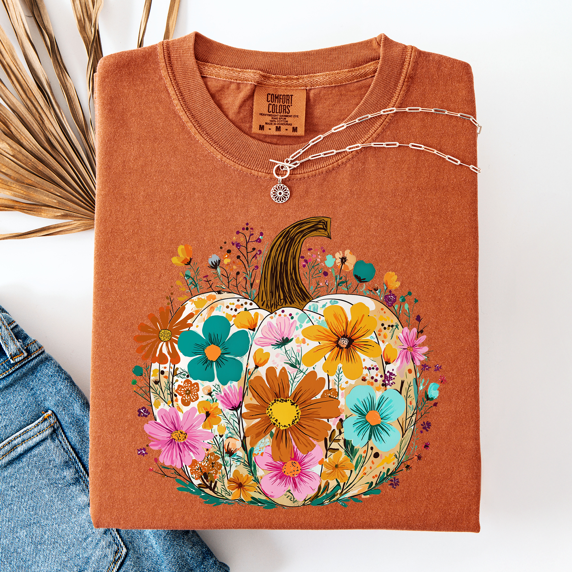 Pumpkin Floral Watercolor Leopard Print Pumpkins Bouquet Halloween Fall Comfort Colors Tee