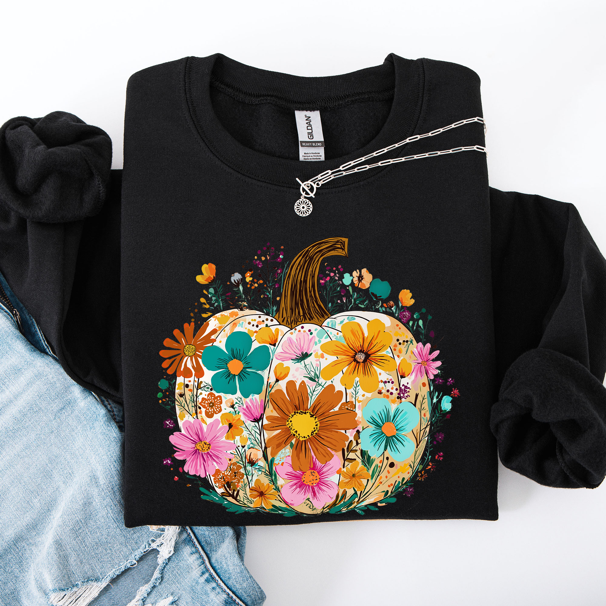 Pumpkin Floral Halloween Fall Autumn Harvest Sunflowers Seasonal Print Sweatshirt