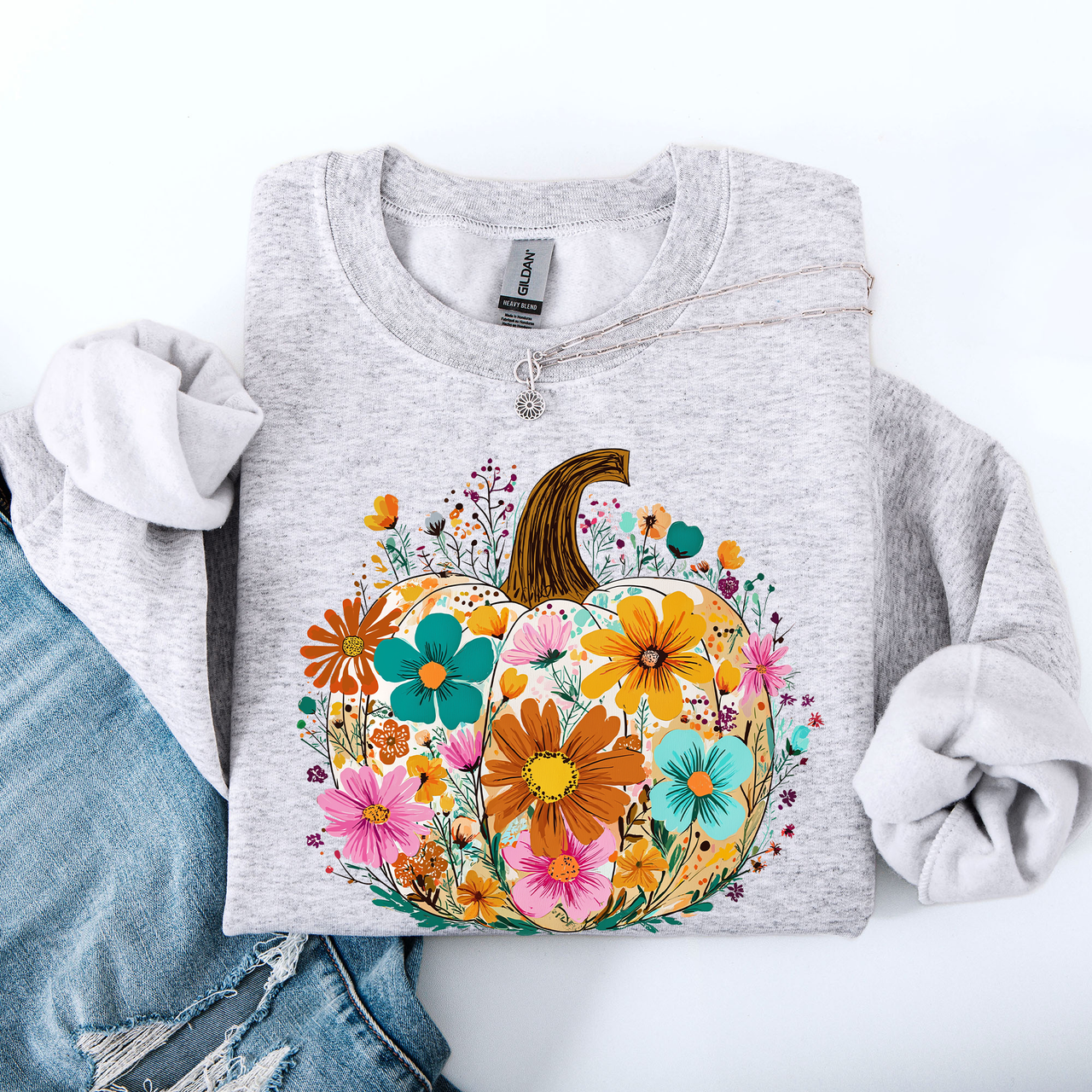 Pumpkin Floral Halloween Fall Autumn Harvest Sunflowers Seasonal Print Sweatshirt