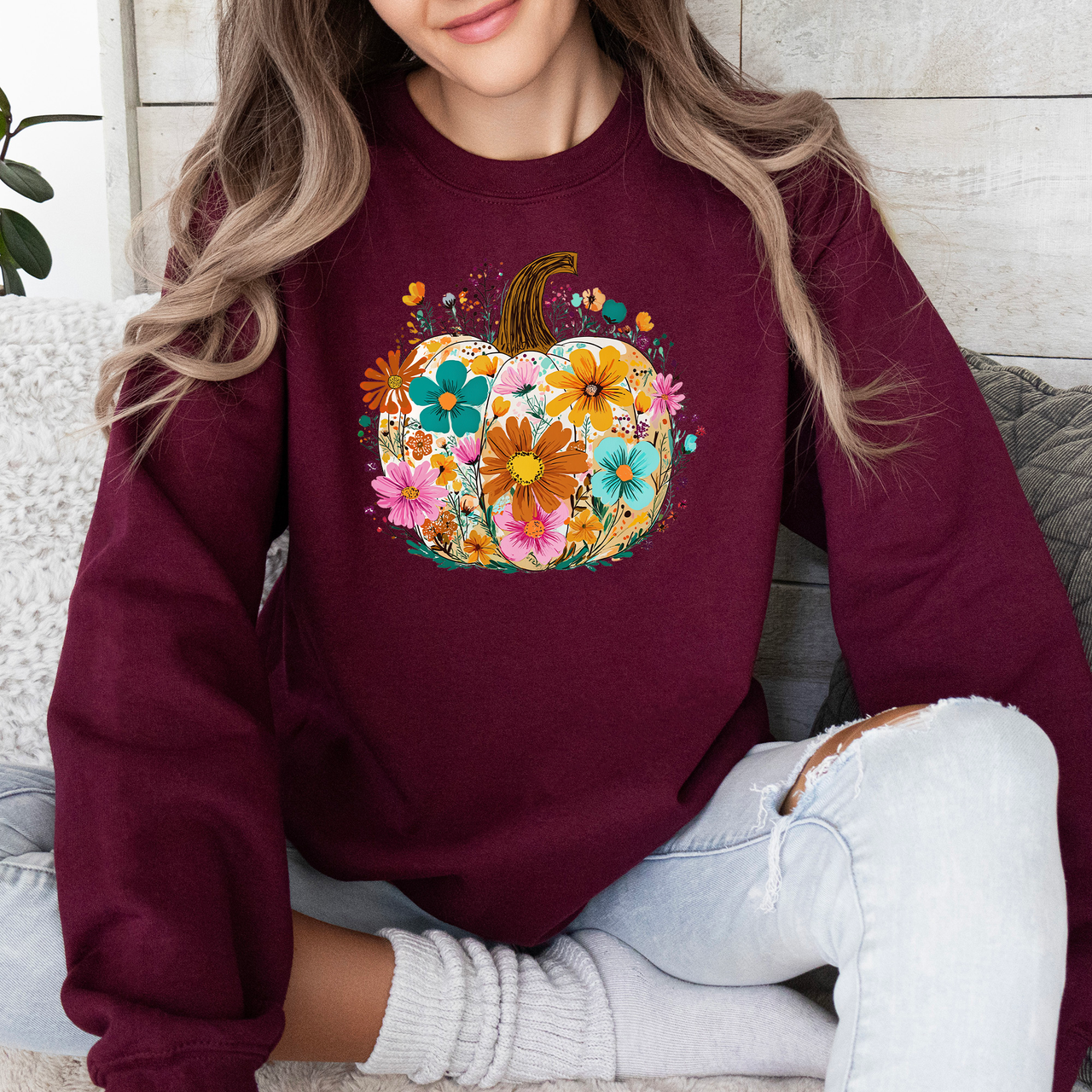 Pumpkin Floral Halloween Fall Autumn Harvest Sunflowers Seasonal Print Sweatshirt