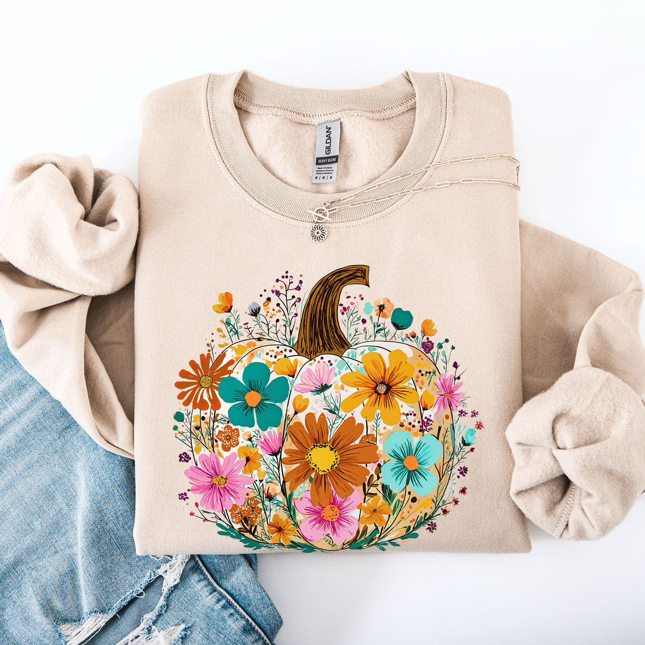Pumpkin Floral Halloween Fall Autumn Harvest Sunflowers Seasonal Print Sweatshirt