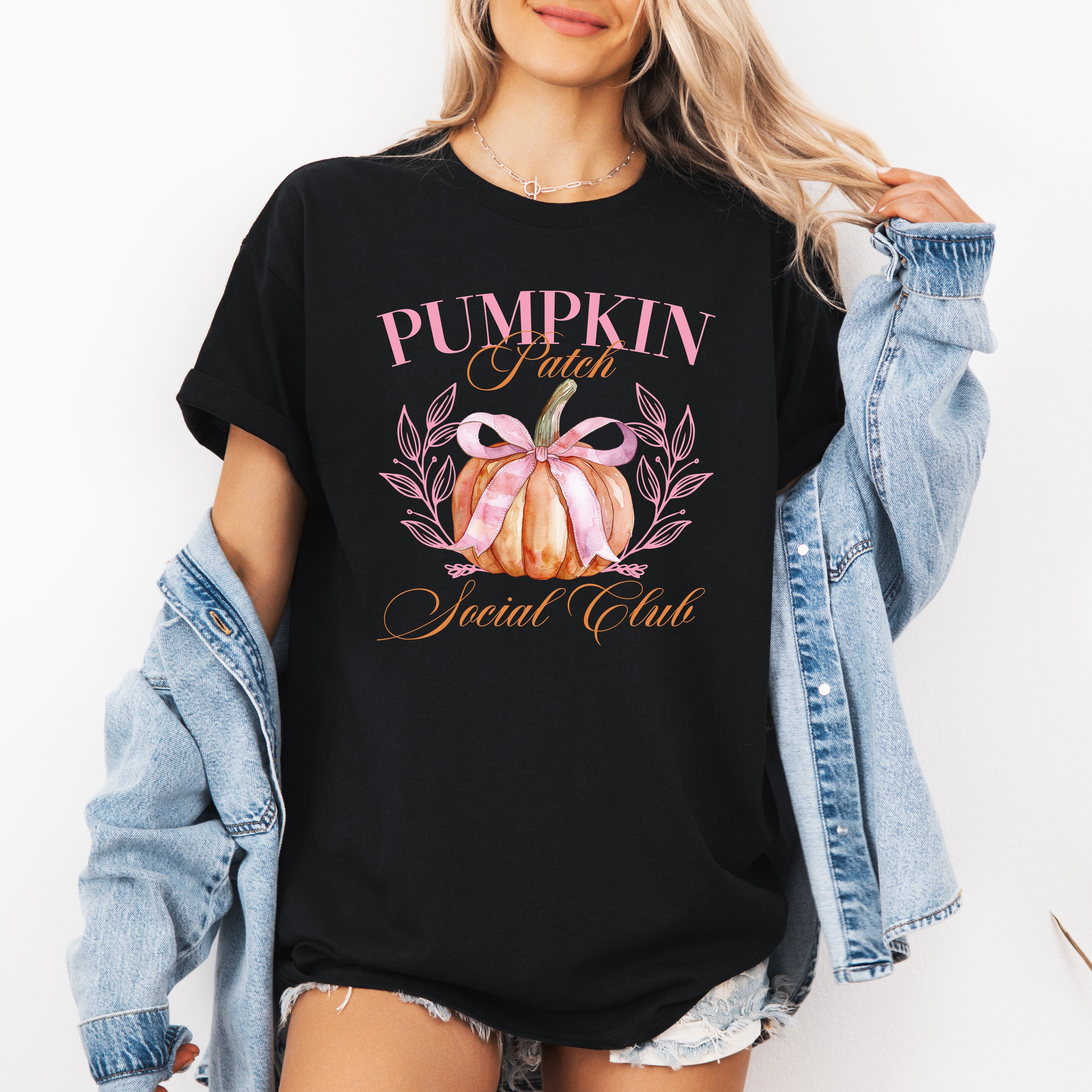 Pumpkin Patch Social Club Autumn Harvest Cozy Seasonal Vibes For October Nights And Family Gatherings Graphic Tee