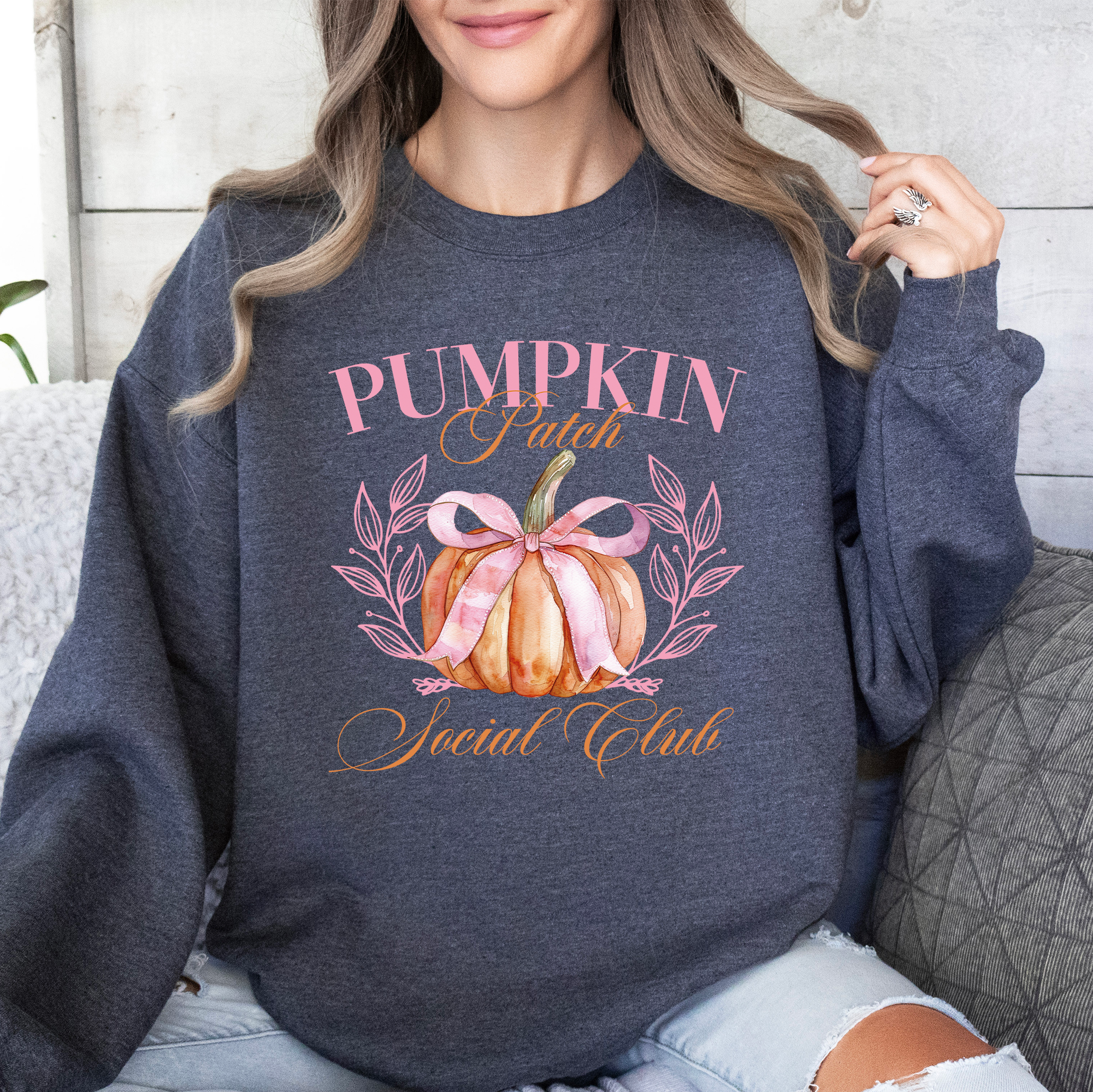 Pumpkin Patch Social Club Autumn Florals Sunflowers Patchwork Harvest Moon Motif Sweatshirt