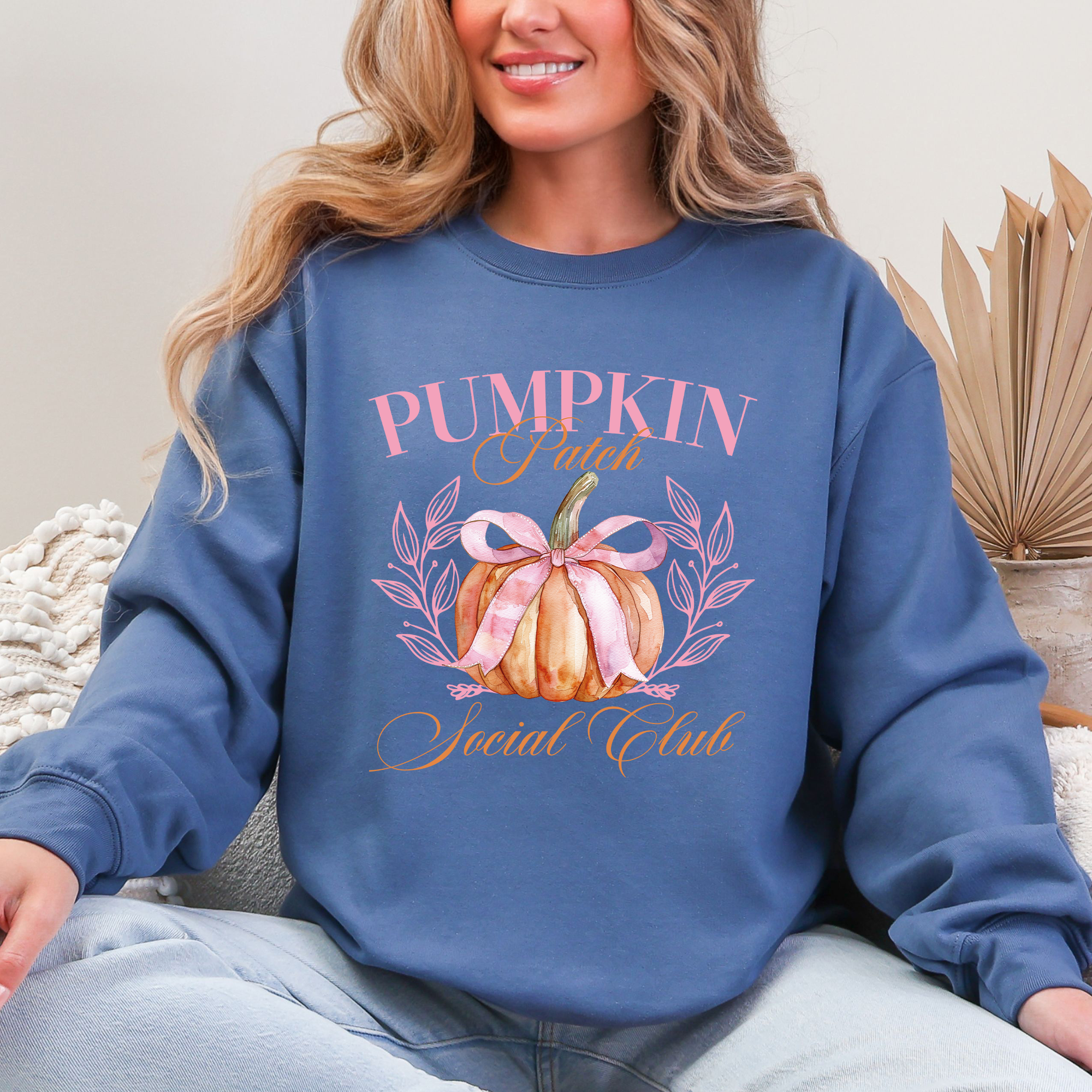 Pumpkin Patch Social Club Autumn Florals Sunflowers Patchwork Harvest Moon Motif Sweatshirt