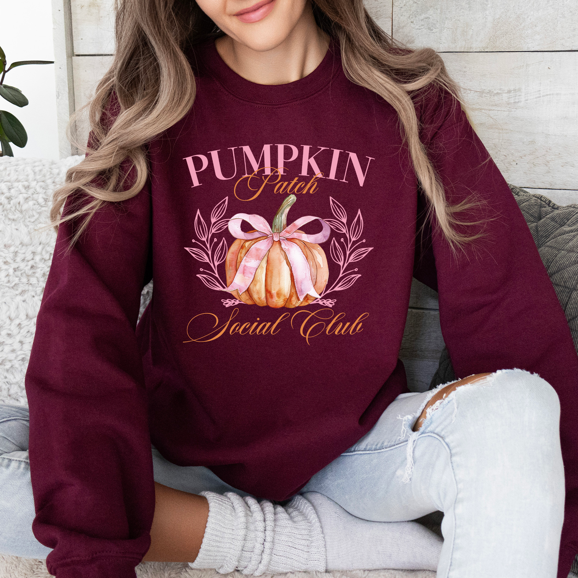 Pumpkin Patch Social Club Autumn Florals Sunflowers Patchwork Harvest Moon Motif Sweatshirt