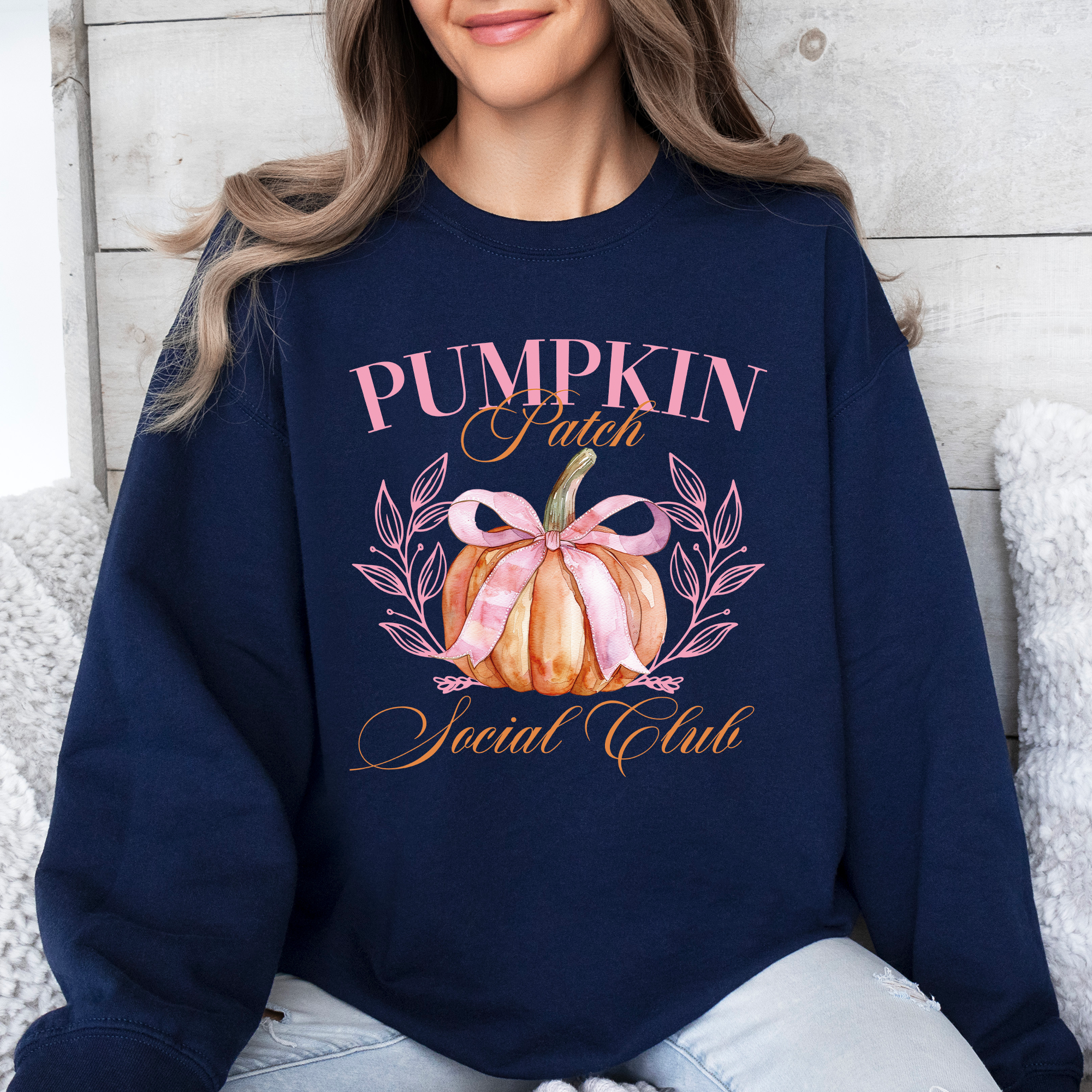 Pumpkin Patch Social Club Autumn Florals Sunflowers Patchwork Harvest Moon Motif Sweatshirt