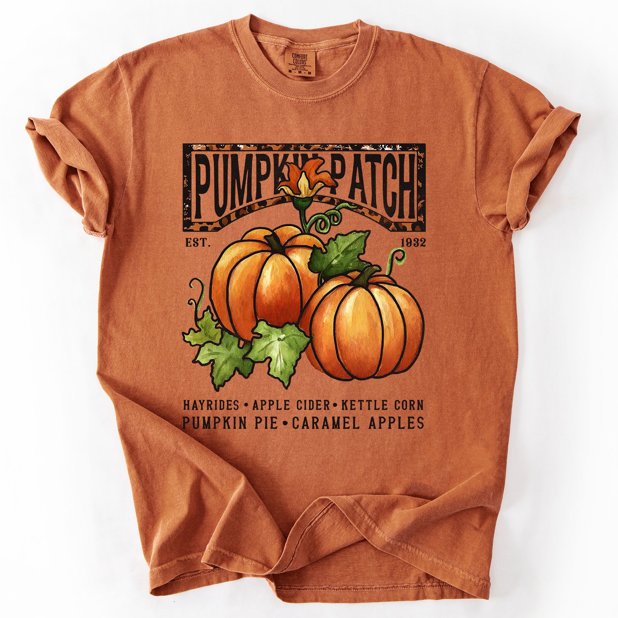 Pumpkin Patch Leopard Print Watercolor Pumpkins And Bouquet Autumn Comfort Colors Tee