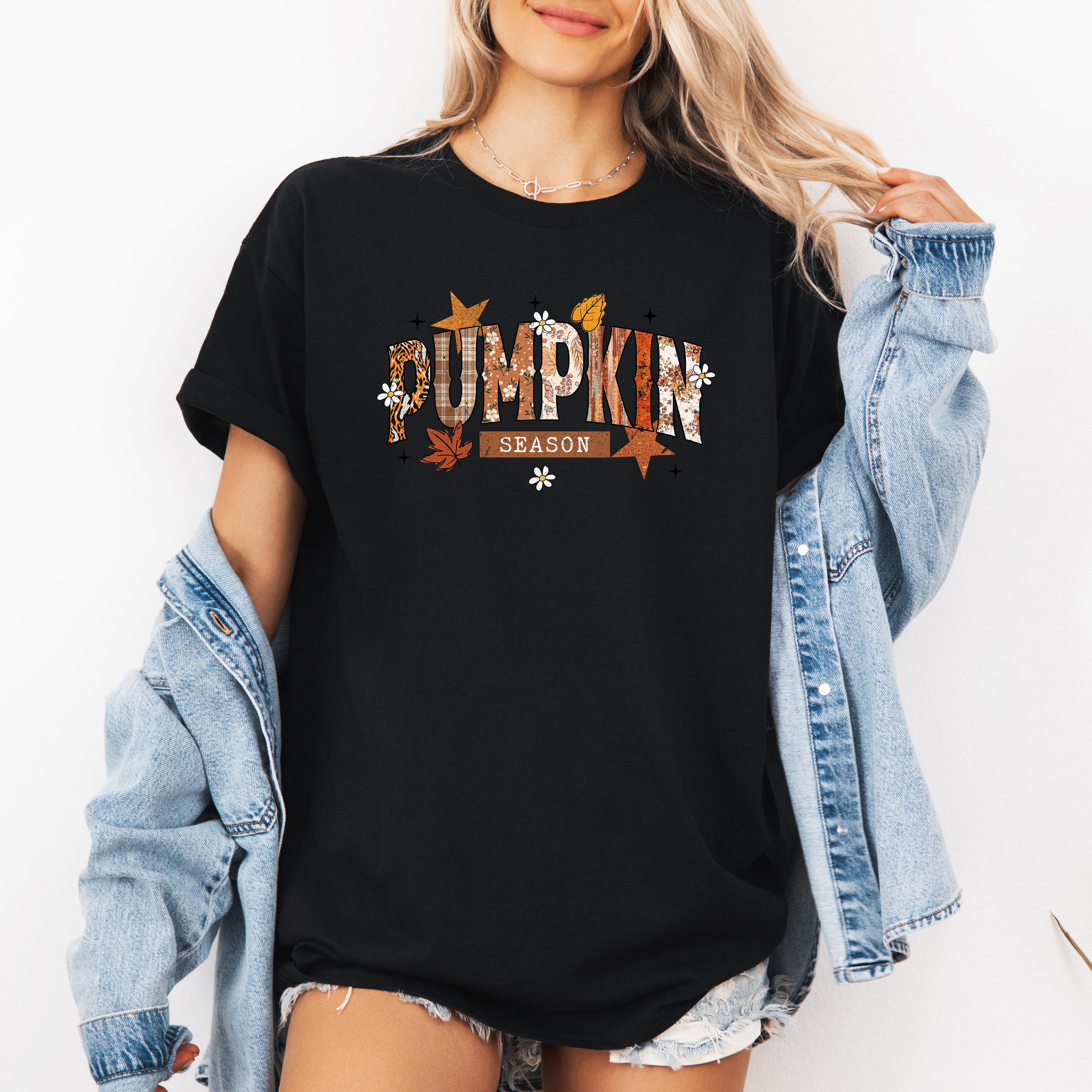 Pumpkin Season, Stars And Leaves Fall Cozy Nightscape With Autumn Glow And Harvest Moon Vibes Graphic Tee
