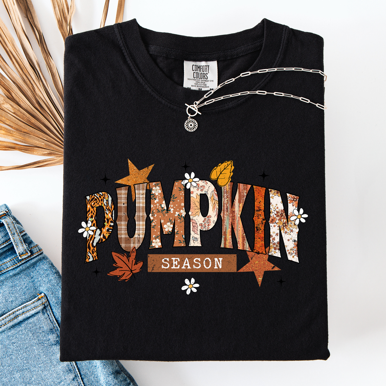 Pumpkin Season, Stars And Leaves Watercolor Autumn Scene Print Comfort Colors Tee