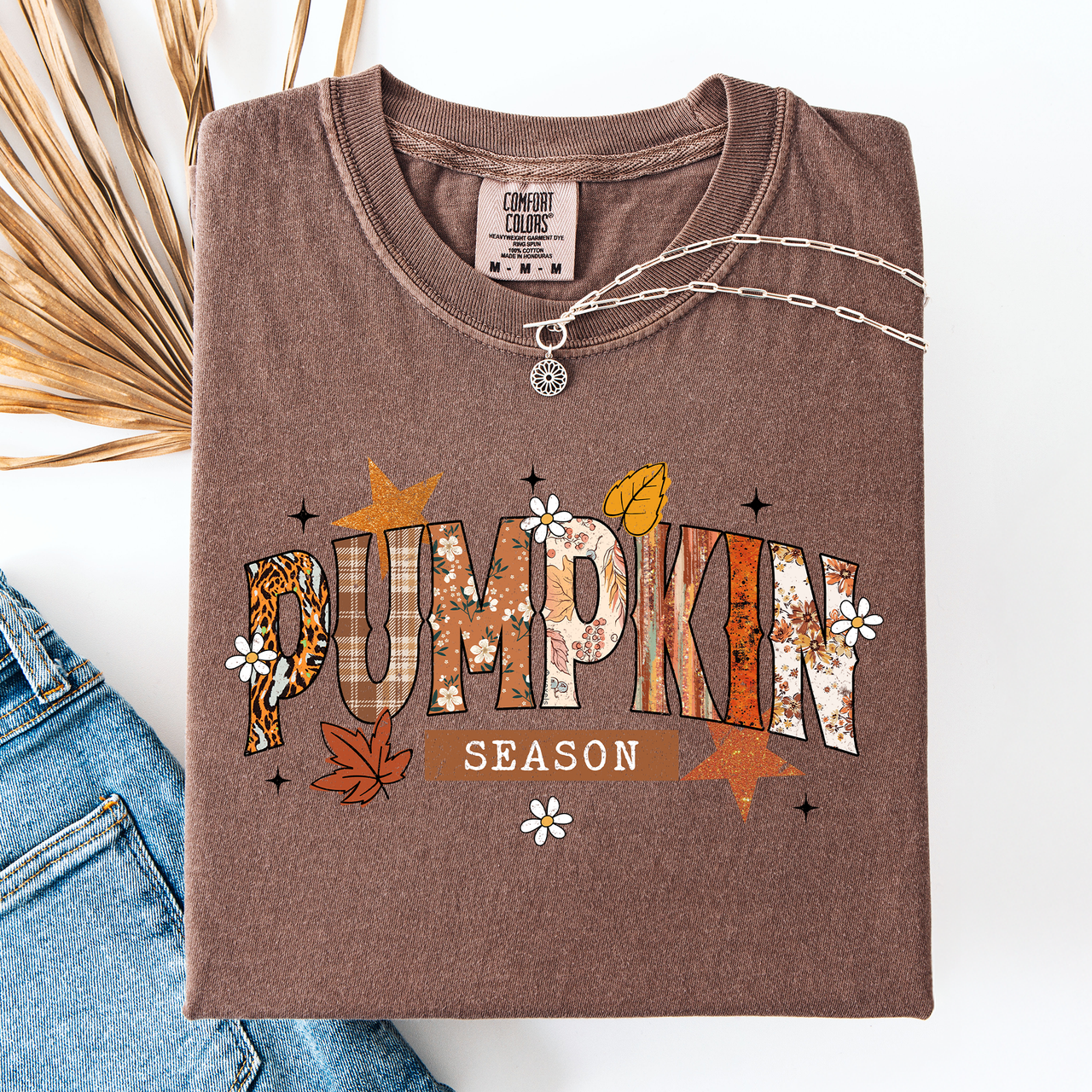 Pumpkin Season, Stars And Leaves Watercolor Autumn Scene Print Comfort Colors Tee