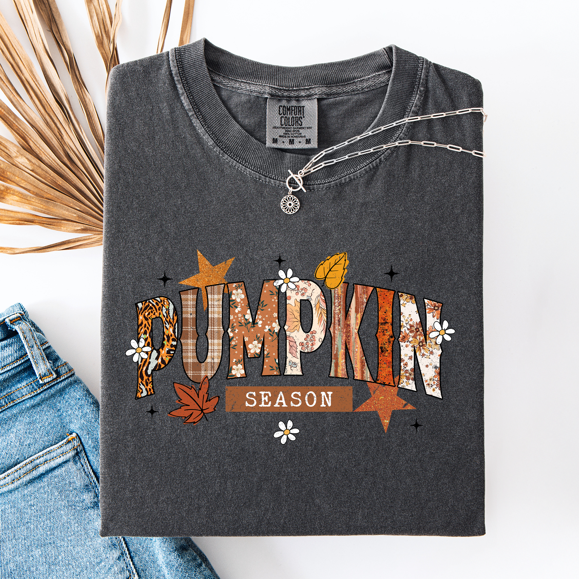 Pumpkin Season, Stars And Leaves Watercolor Autumn Scene Print Comfort Colors Tee