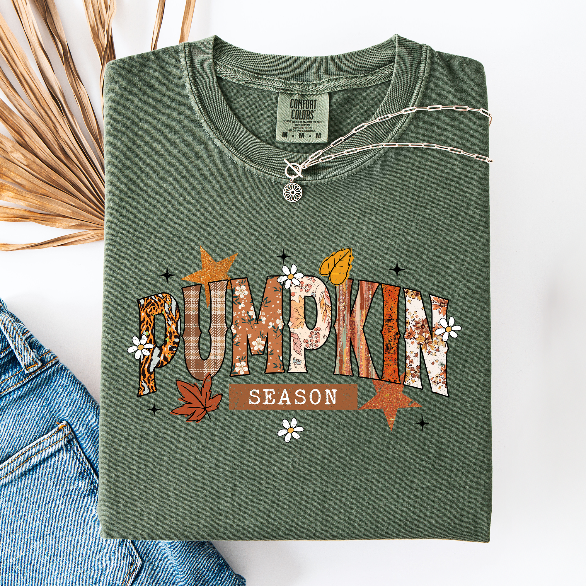 Pumpkin Season, Stars And Leaves Watercolor Autumn Scene Print Comfort Colors Tee