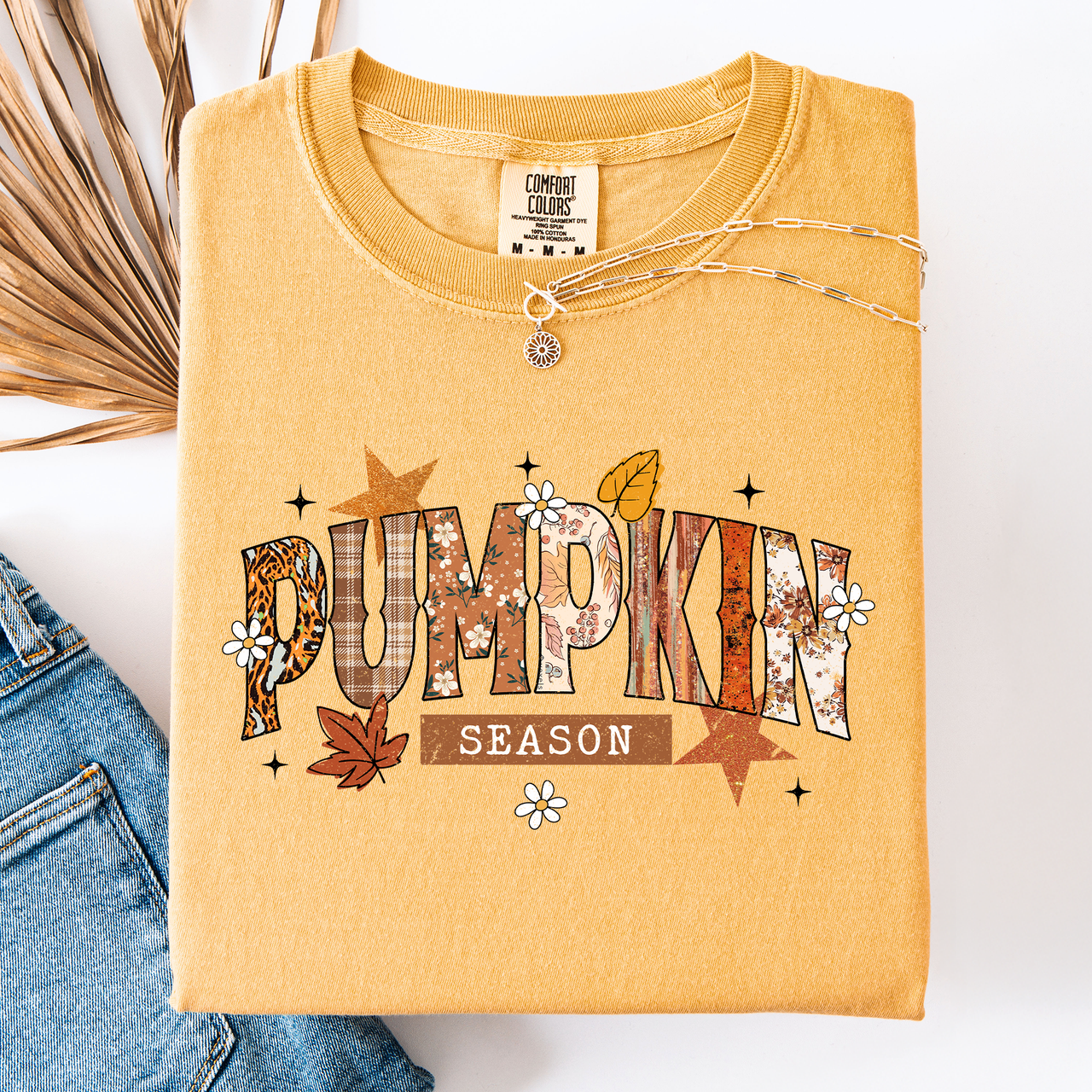 Pumpkin Season, Stars And Leaves Watercolor Autumn Scene Print Comfort Colors Tee