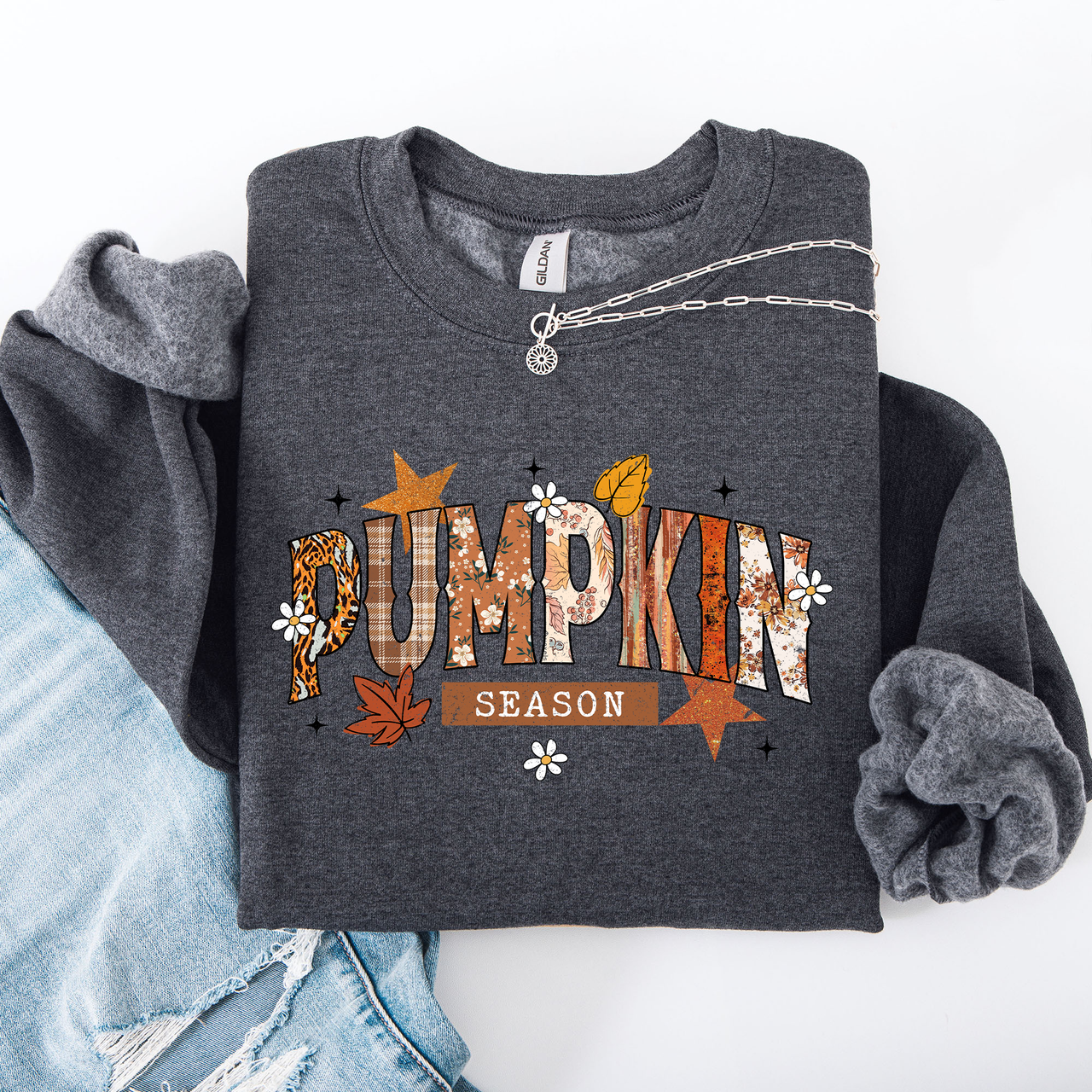 Pumpkin Season, Stars and Leaves Autumn Floral Pattern Cozy Weekend Wear Sweatshirt
