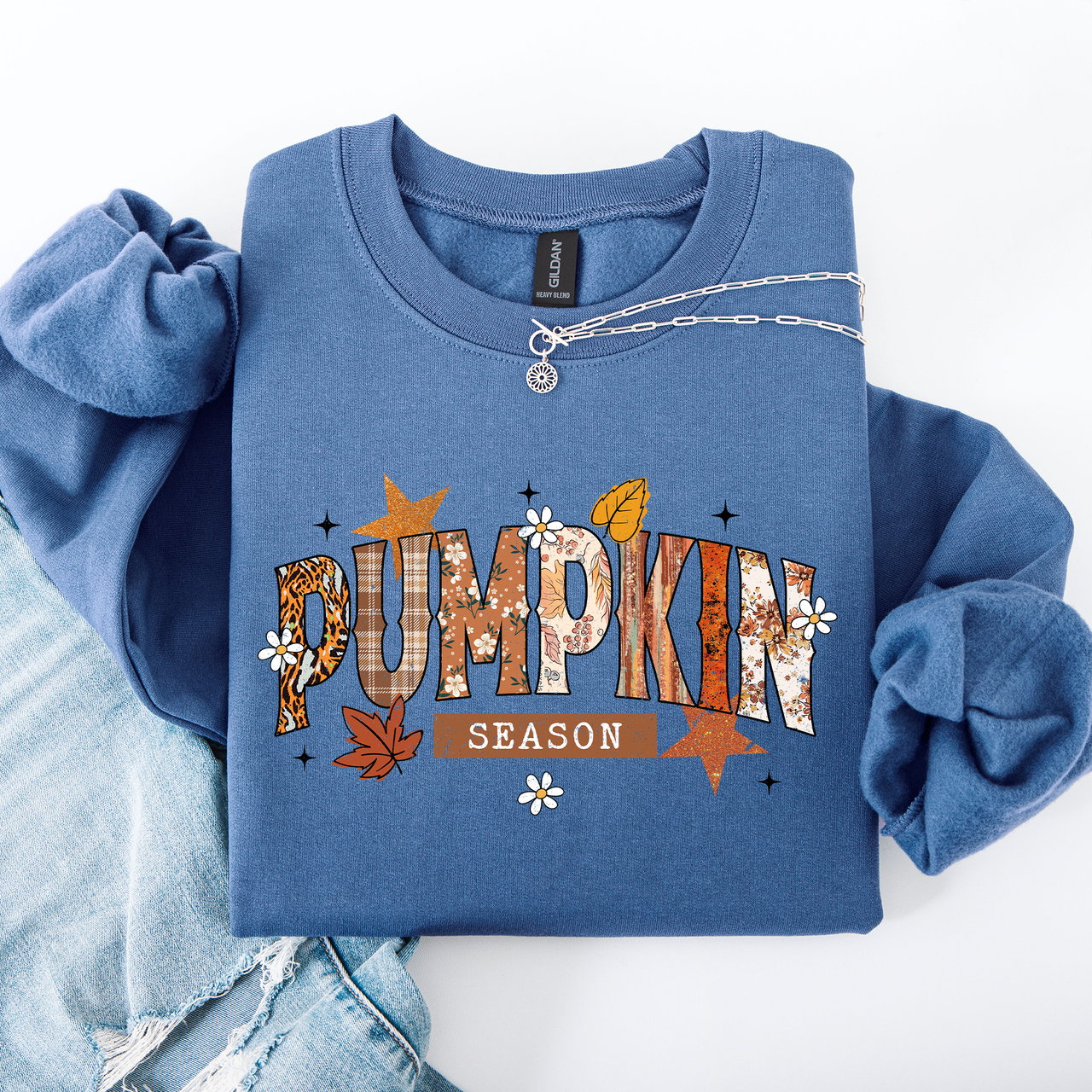 Pumpkin Season, Stars and Leaves Autumn Floral Pattern Cozy Weekend Wear Sweatshirt