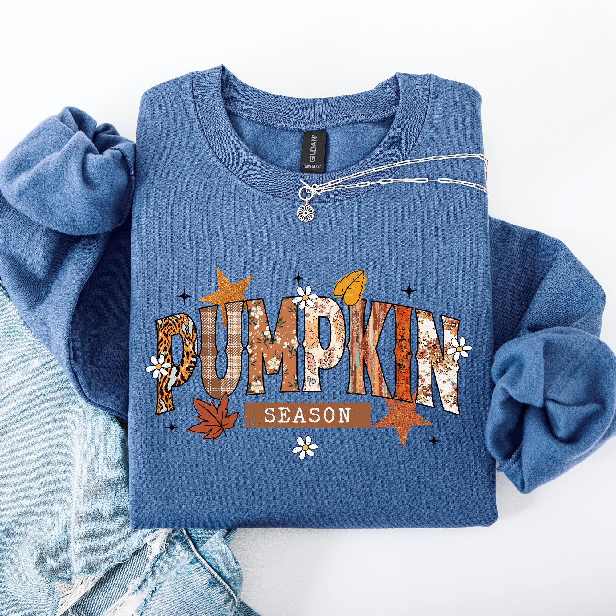 Pumpkin Season, Stars and Leaves Autumn Floral Pattern Cozy Weekend Wear Sweatshirt