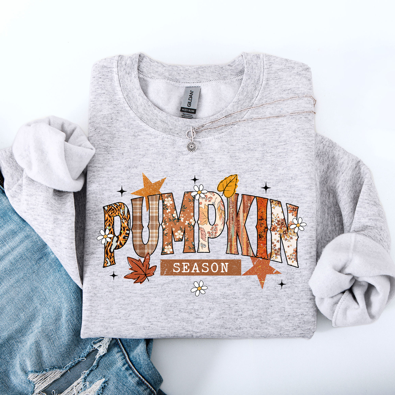 Pumpkin Season, Stars and Leaves Autumn Floral Pattern Cozy Weekend Wear Sweatshirt