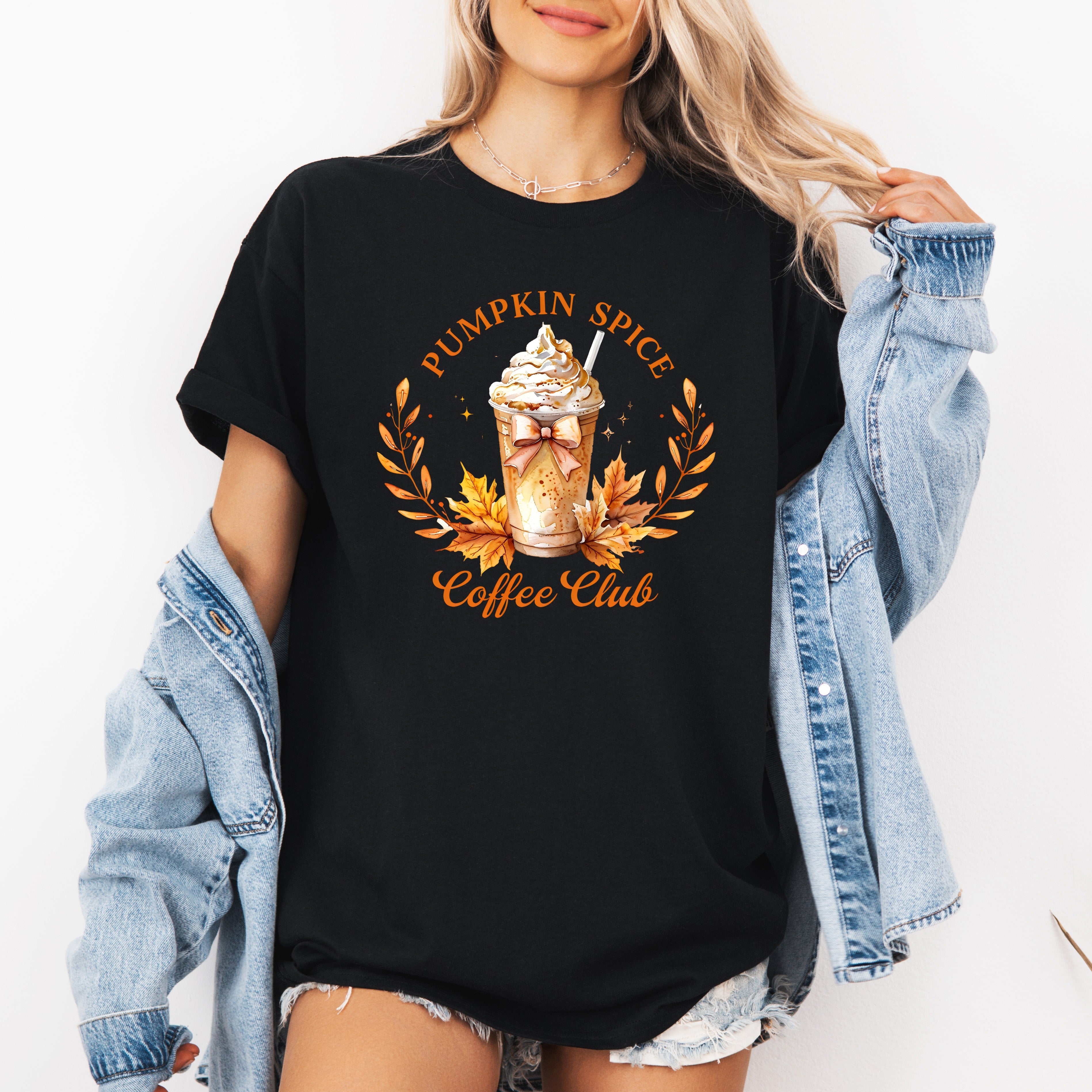Pumpkin Spice Coffee Club Autumn Halloween Fall Cozy Harvest Vibes Seasonal Nostalgia Graphic Tee