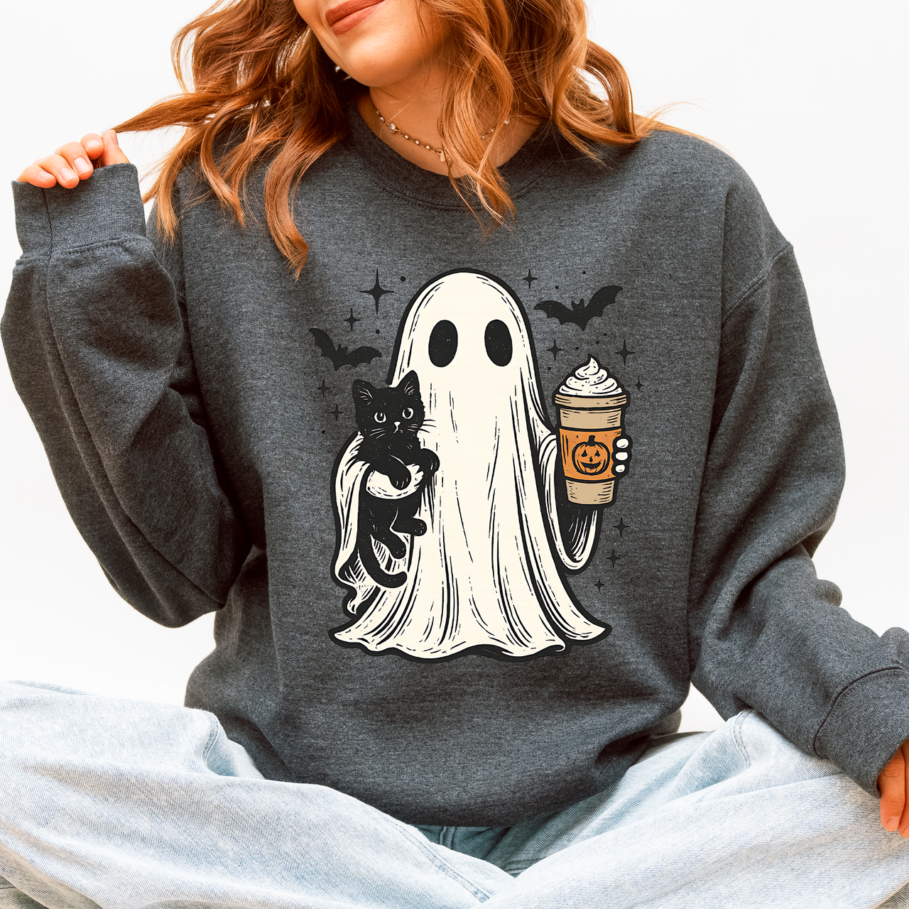 Pumpkin Spice Latte Ghost Witch Halloween Cat Bats Leopard Patchwork Autumn Sweatshirt