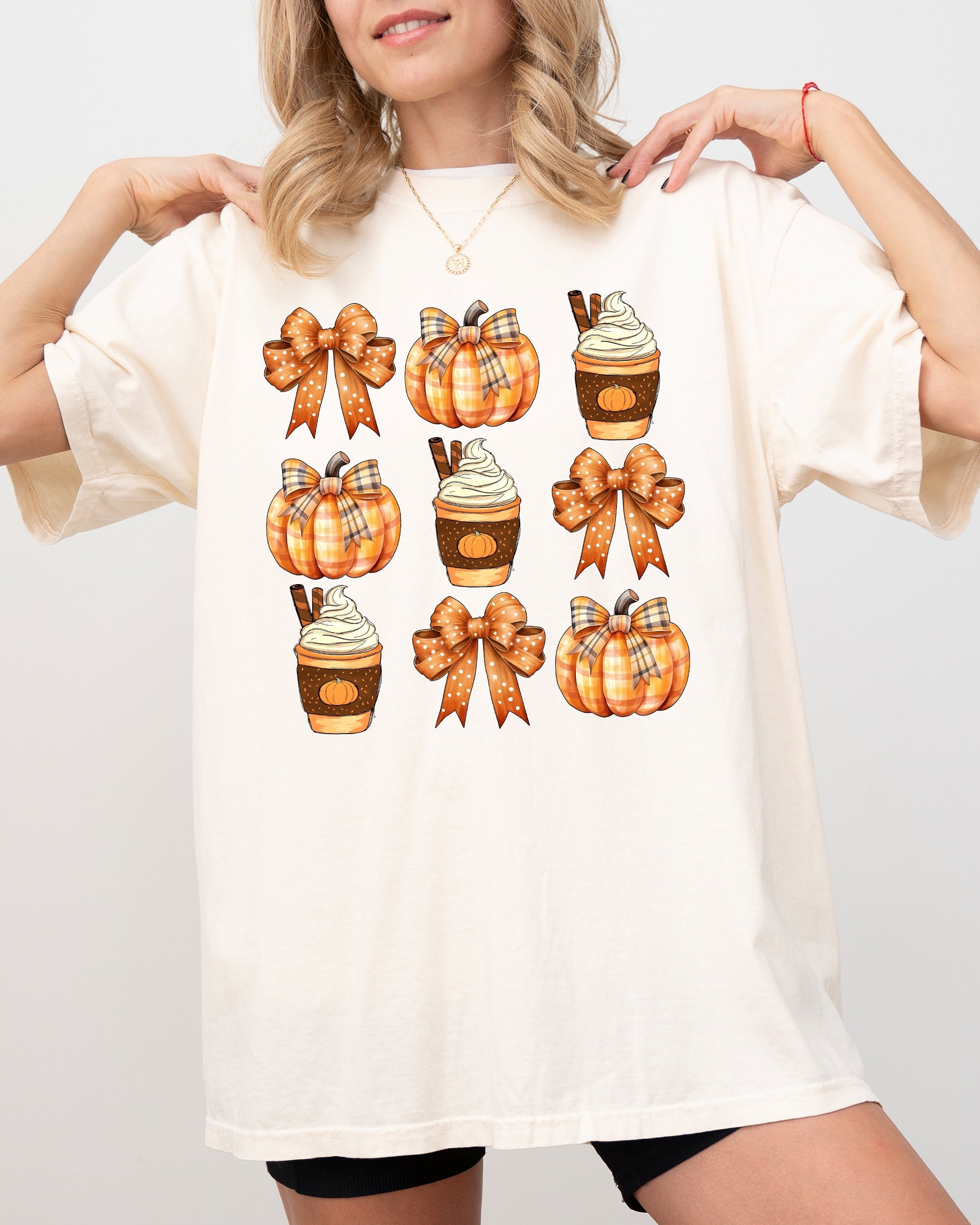 Pumpkin Spice Latte Ribbons Fall Coffee Pumpkins Autumn Thanksgiving Halloween Bows Comfort Colors Tee
