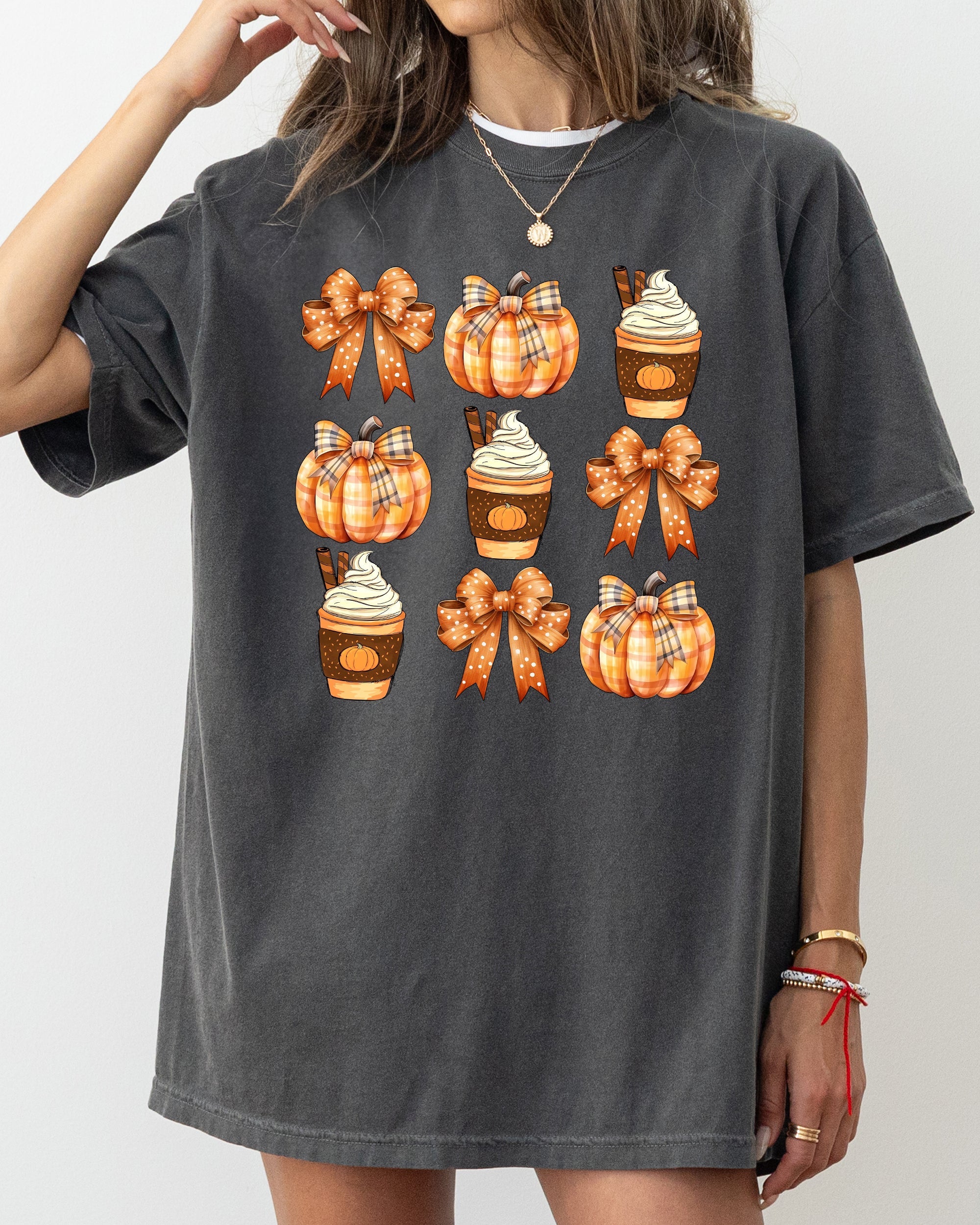 Pumpkin Spice Latte Ribbons Fall Coffee Pumpkins Autumn Thanksgiving Halloween Bows Comfort Colors Tee