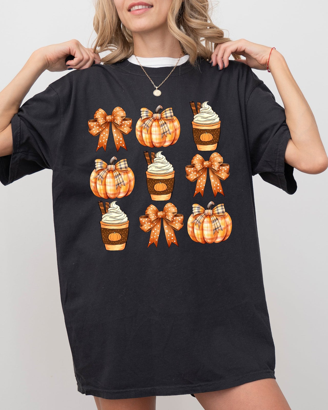 Pumpkin Spice Latte Ribbons Fall Coffee Pumpkins Autumn Thanksgiving Halloween Bows Comfort Colors Tee