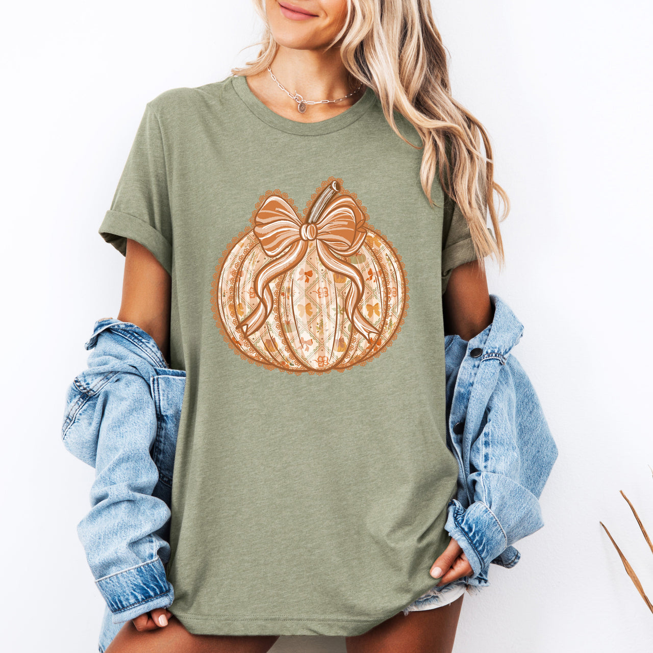 Pumpkin Faux Lace Coquette Pattern Halloween Autumn Embrace Festive Cozy Seasonal Graphic Tee