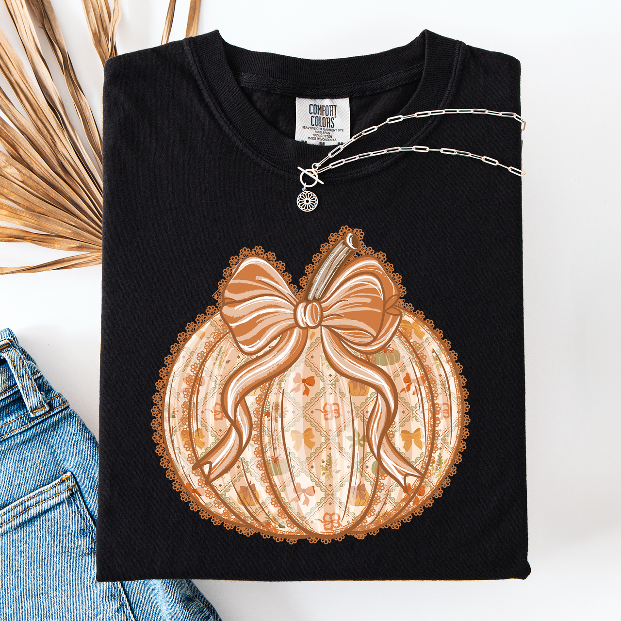 Pumpkin Faux Lace Coquette Pattern Watercolor Scene Halloween Autumn Fall Comfort Colors Tee