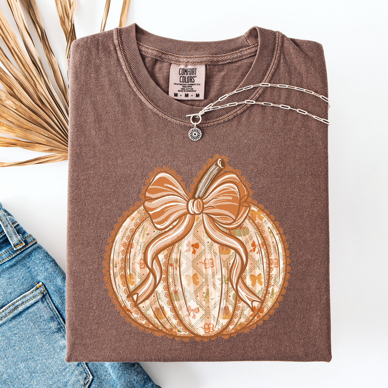 Pumpkin Faux Lace Coquette Pattern Watercolor Scene Halloween Autumn Fall Comfort Colors Tee
