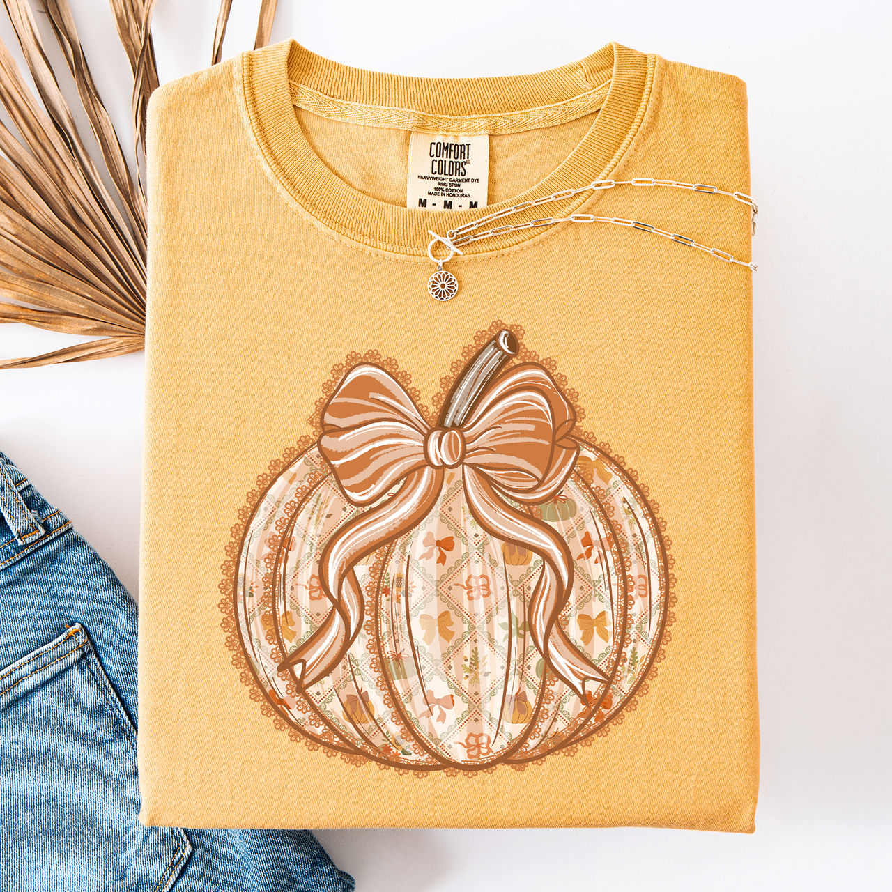 Pumpkin Faux Lace Coquette Pattern Watercolor Scene Halloween Autumn Fall Comfort Colors Tee