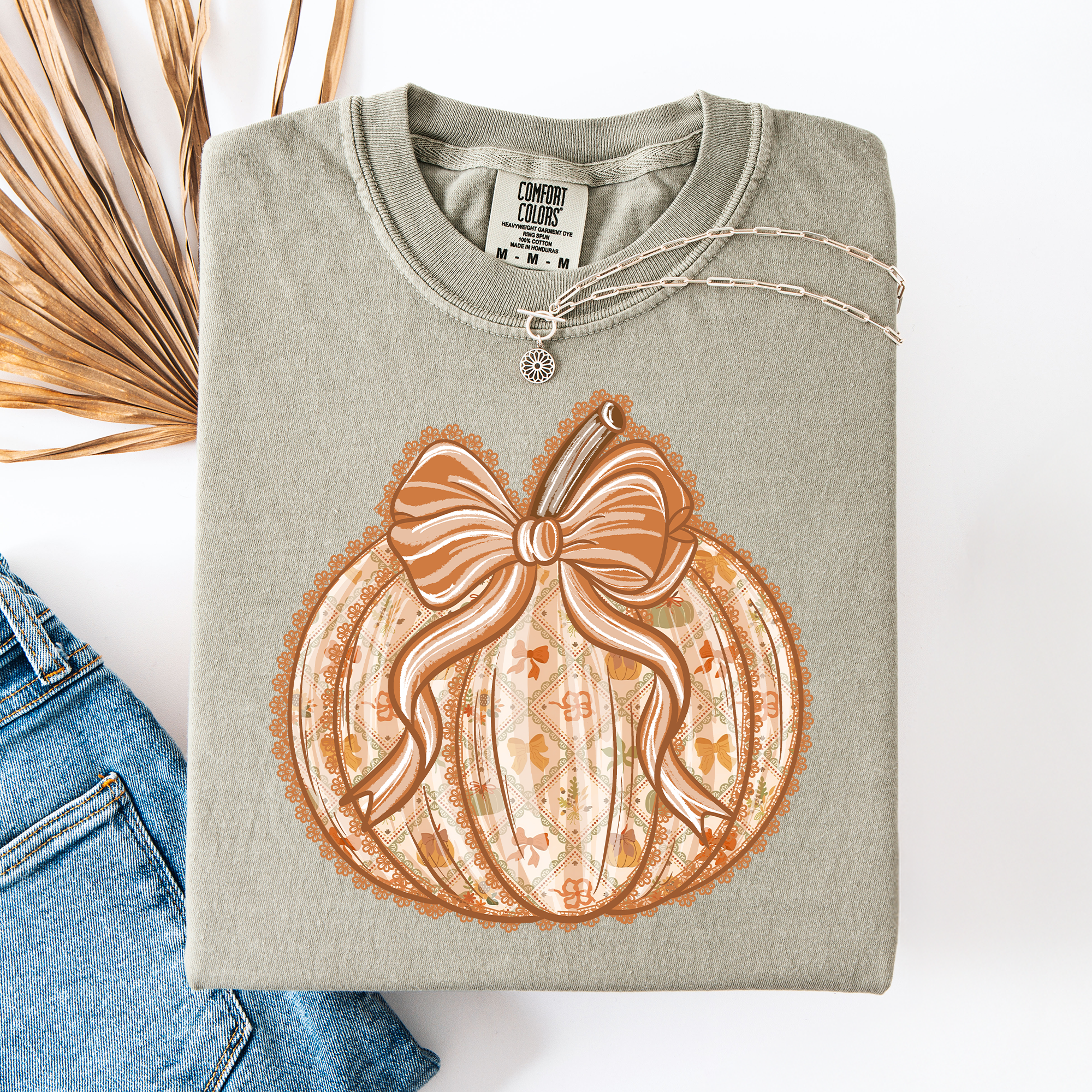 Pumpkin Faux Lace Coquette Pattern Watercolor Scene Halloween Autumn Fall Comfort Colors Tee