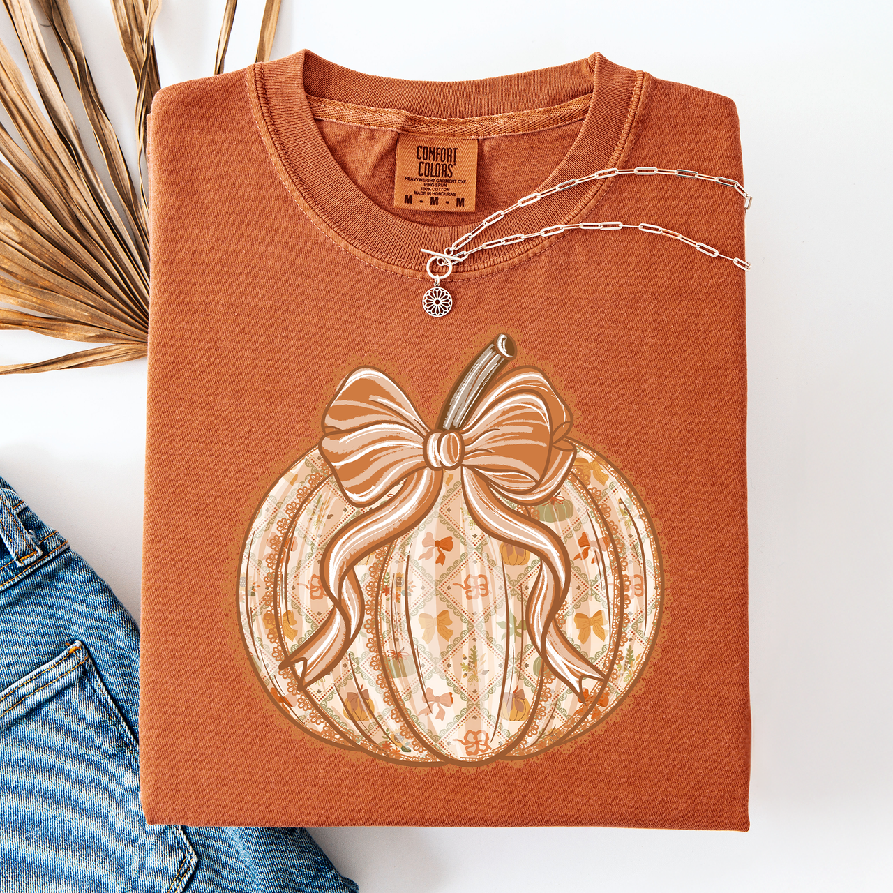 Pumpkin Faux Lace Coquette Pattern Watercolor Scene Halloween Autumn Fall Comfort Colors Tee