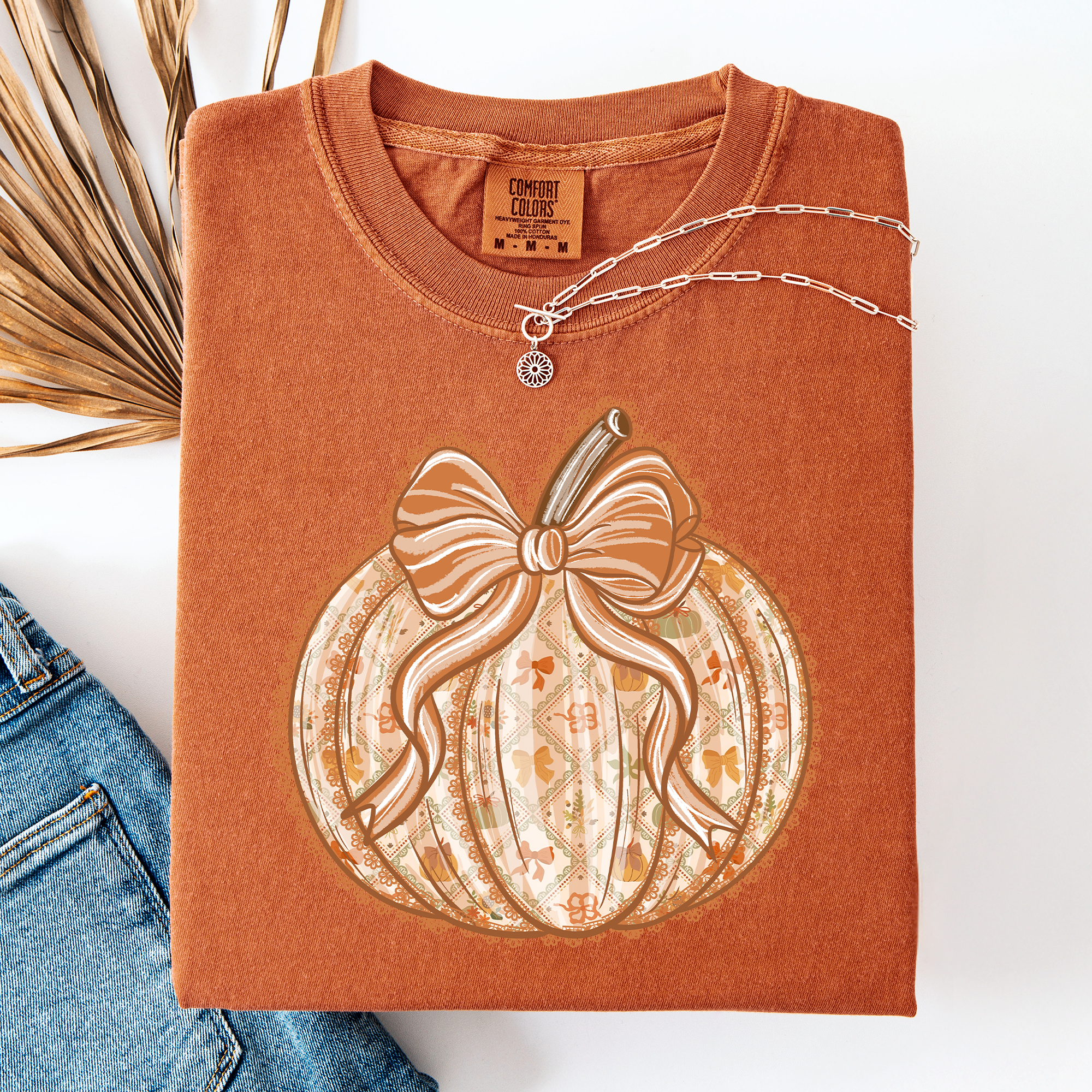 Pumpkin Faux Lace Coquette Pattern Watercolor Scene Halloween Autumn Fall Comfort Colors Tee